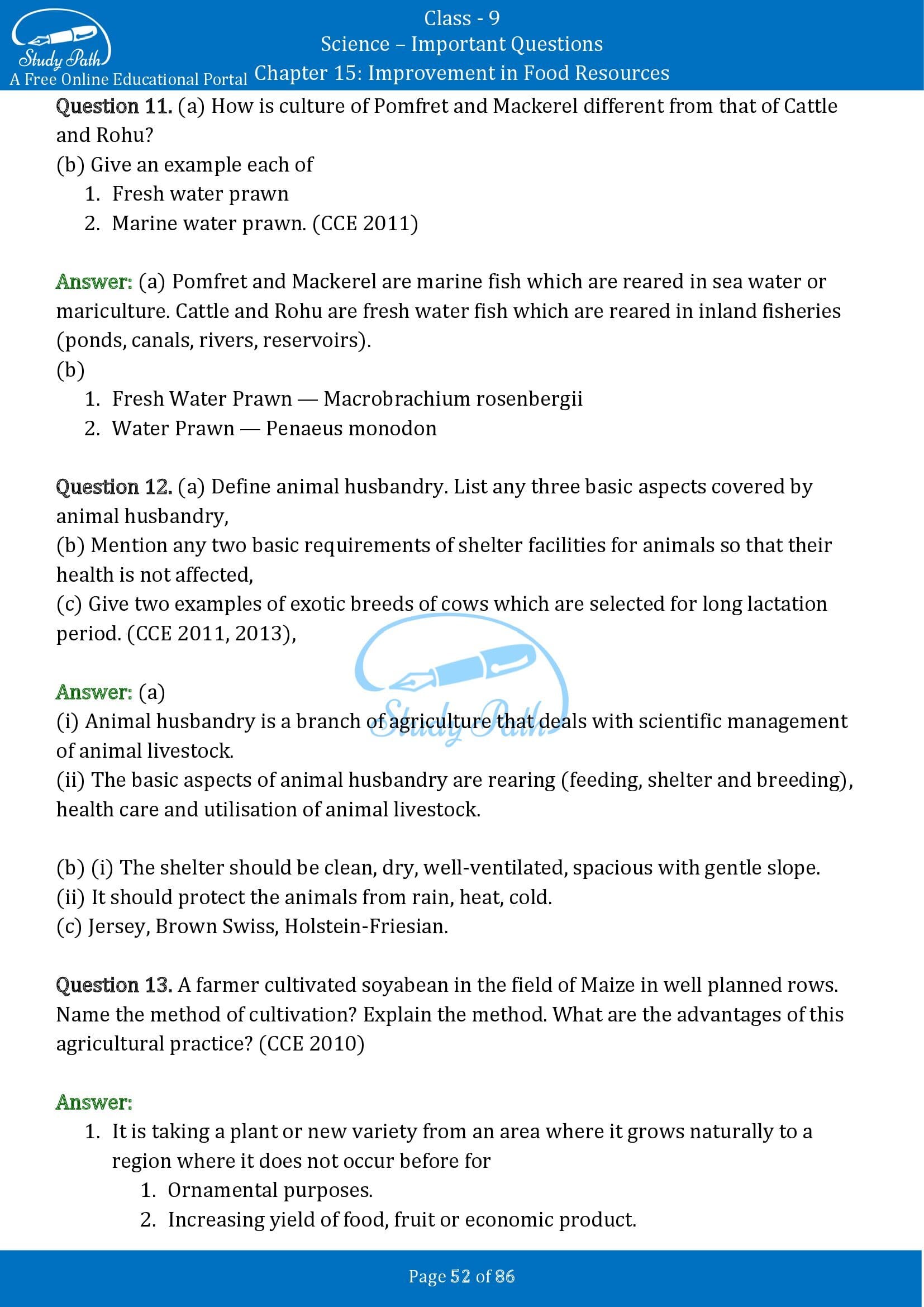 Important Questions for Class 9 Science Chapter 15 Improvement in Food Resources 00052