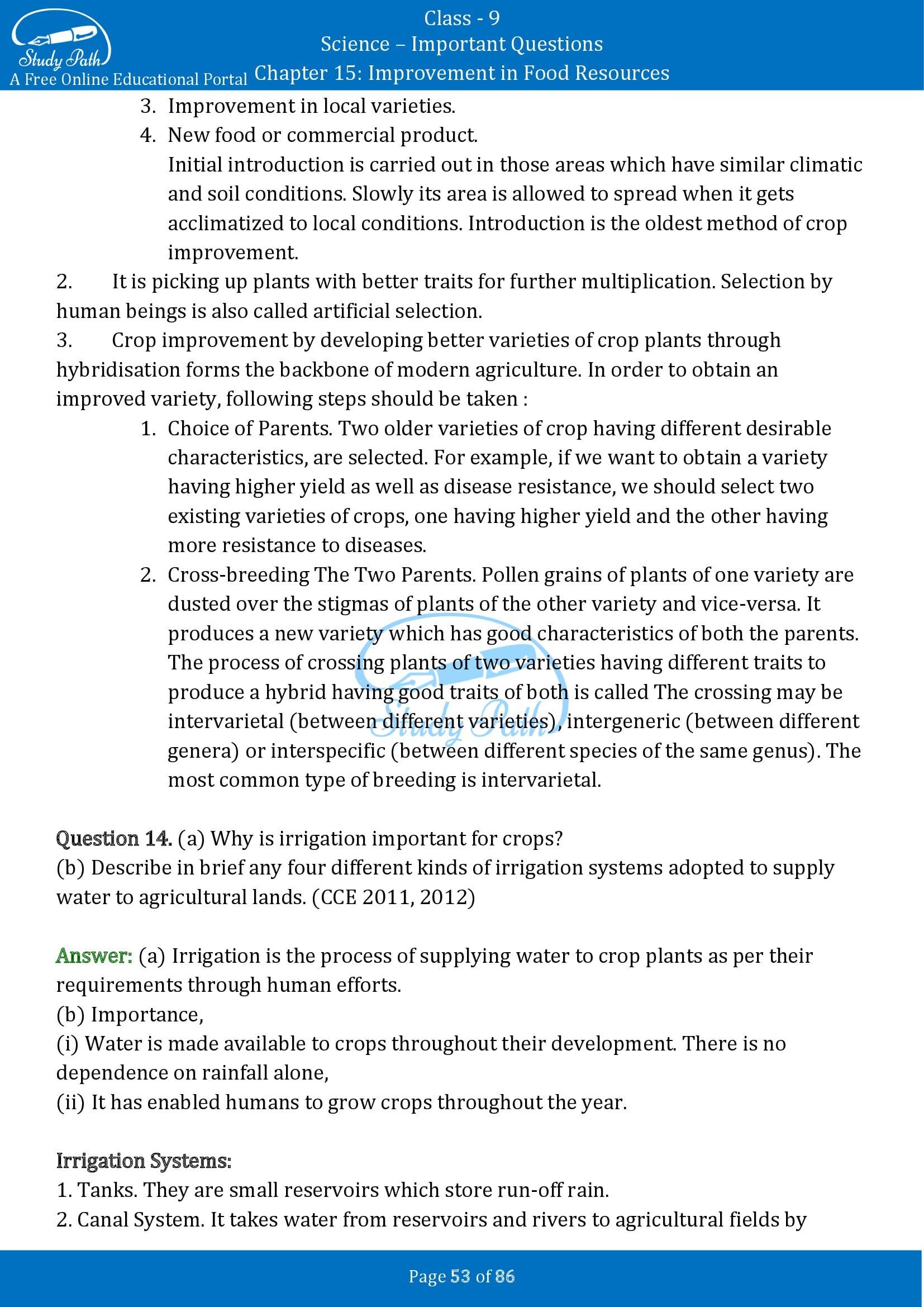 Important Questions for Class 9 Science Chapter 15 Improvement in Food Resources 00053