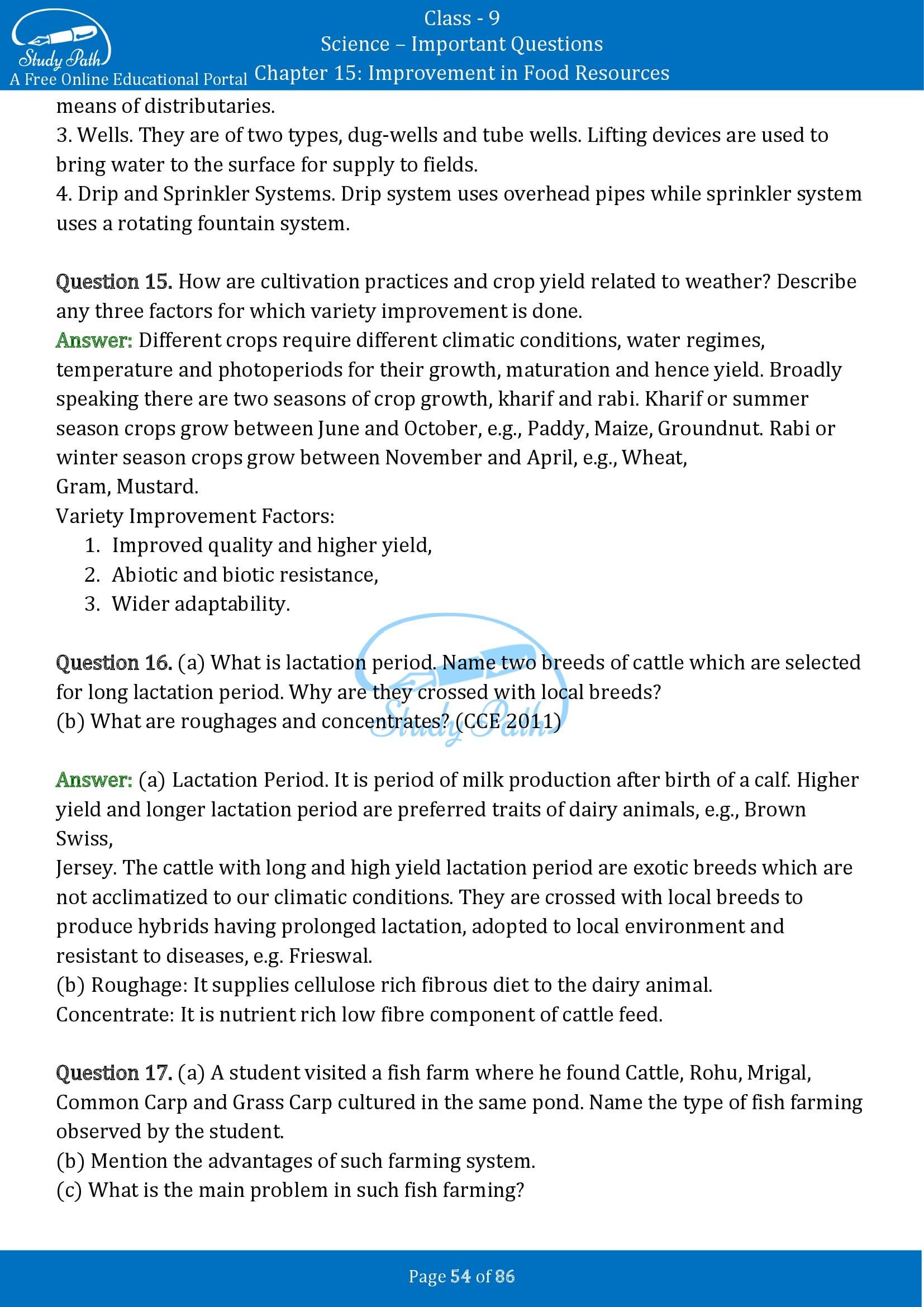 Important Questions for Class 9 Science Chapter 15 Improvement in Food Resources 00054