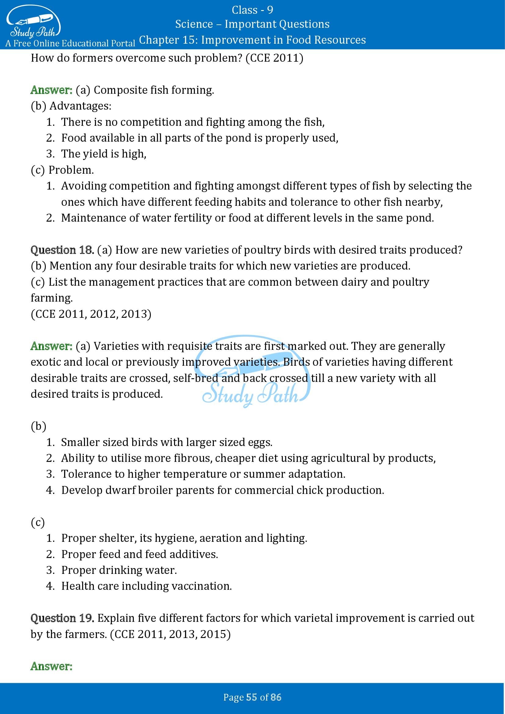 Important Questions for Class 9 Science Chapter 15 Improvement in Food Resources 00055