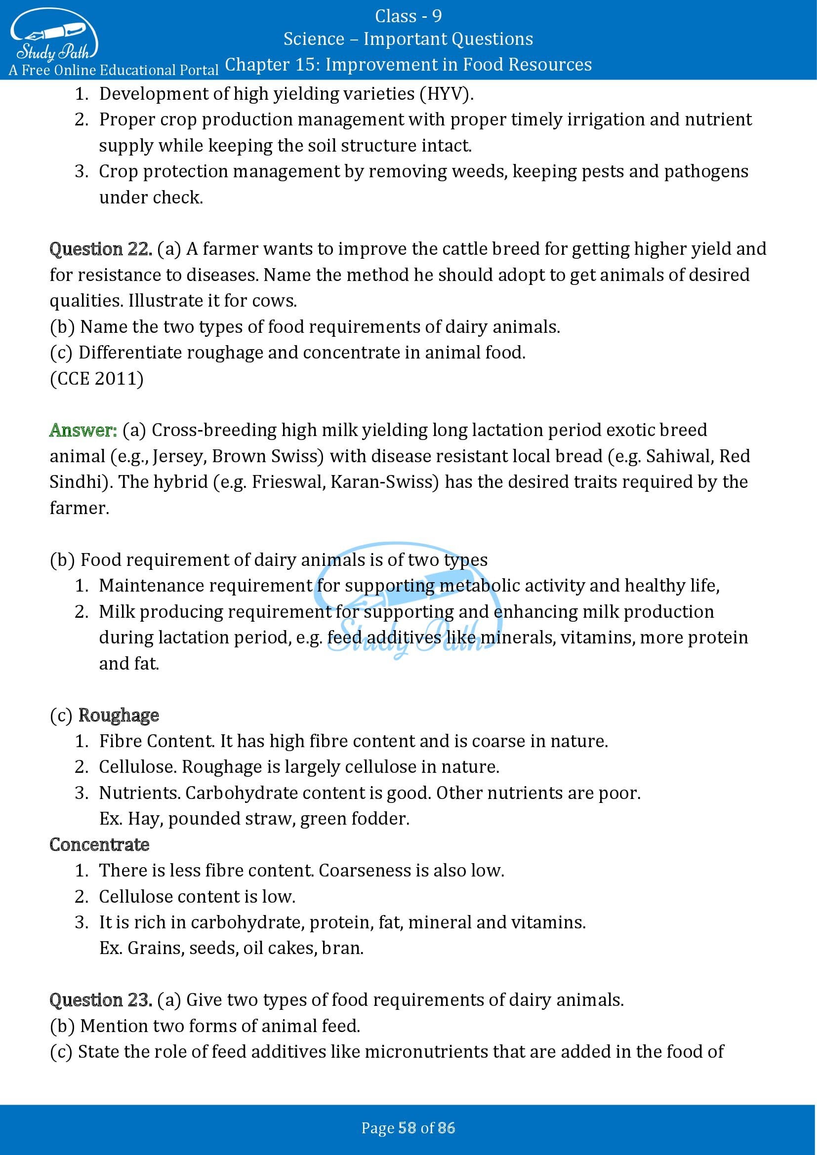 Important Questions for Class 9 Science Chapter 15 Improvement in Food Resources 00058