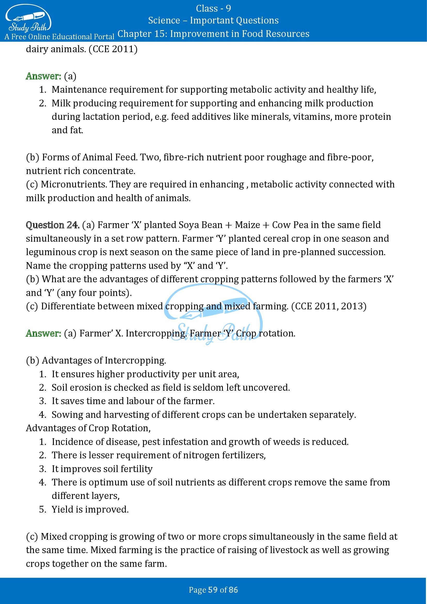 Important Questions for Class 9 Science Chapter 15 Improvement in Food Resources 00059