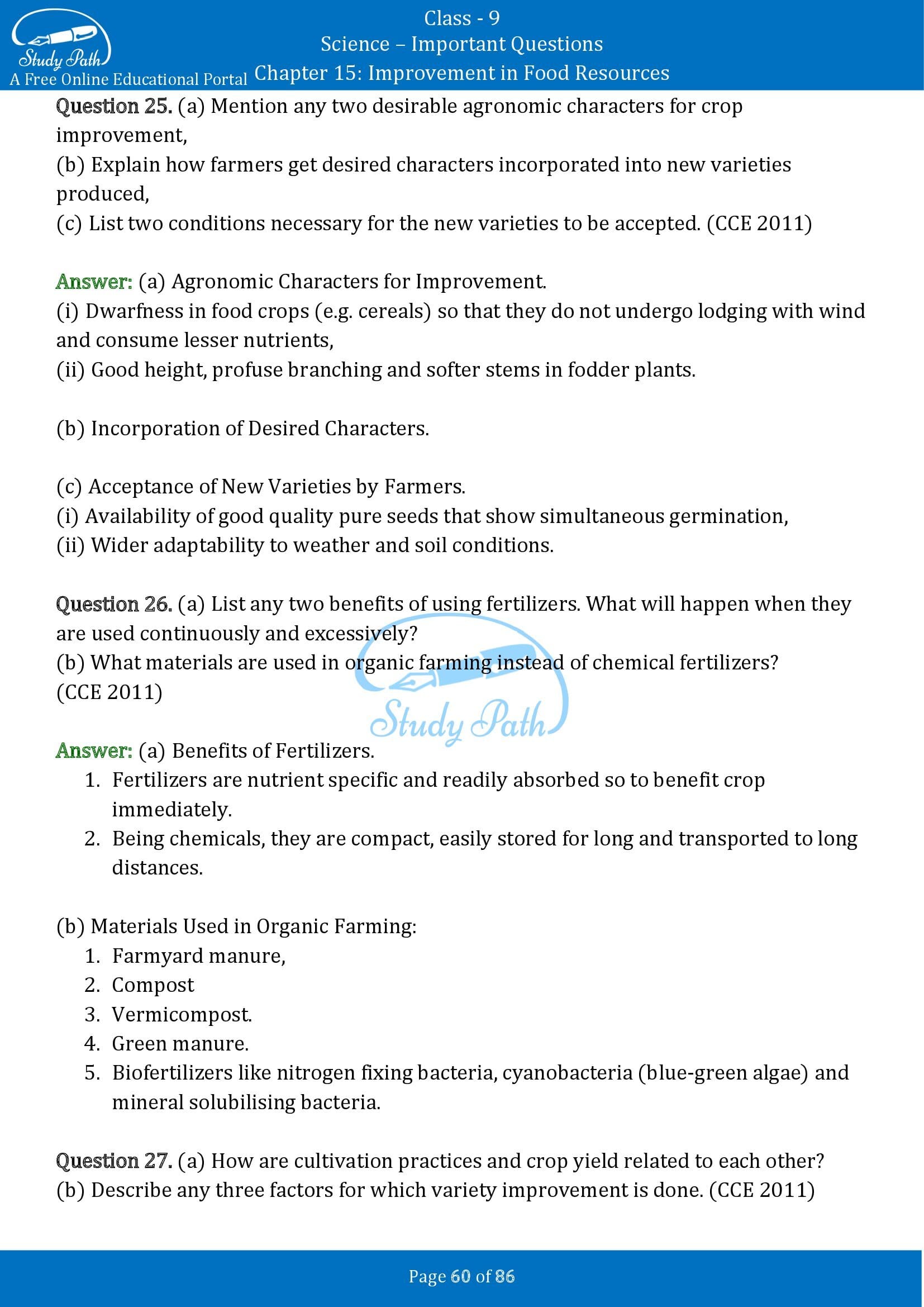 Important Questions for Class 9 Science Chapter 15 Improvement in Food Resources 00060