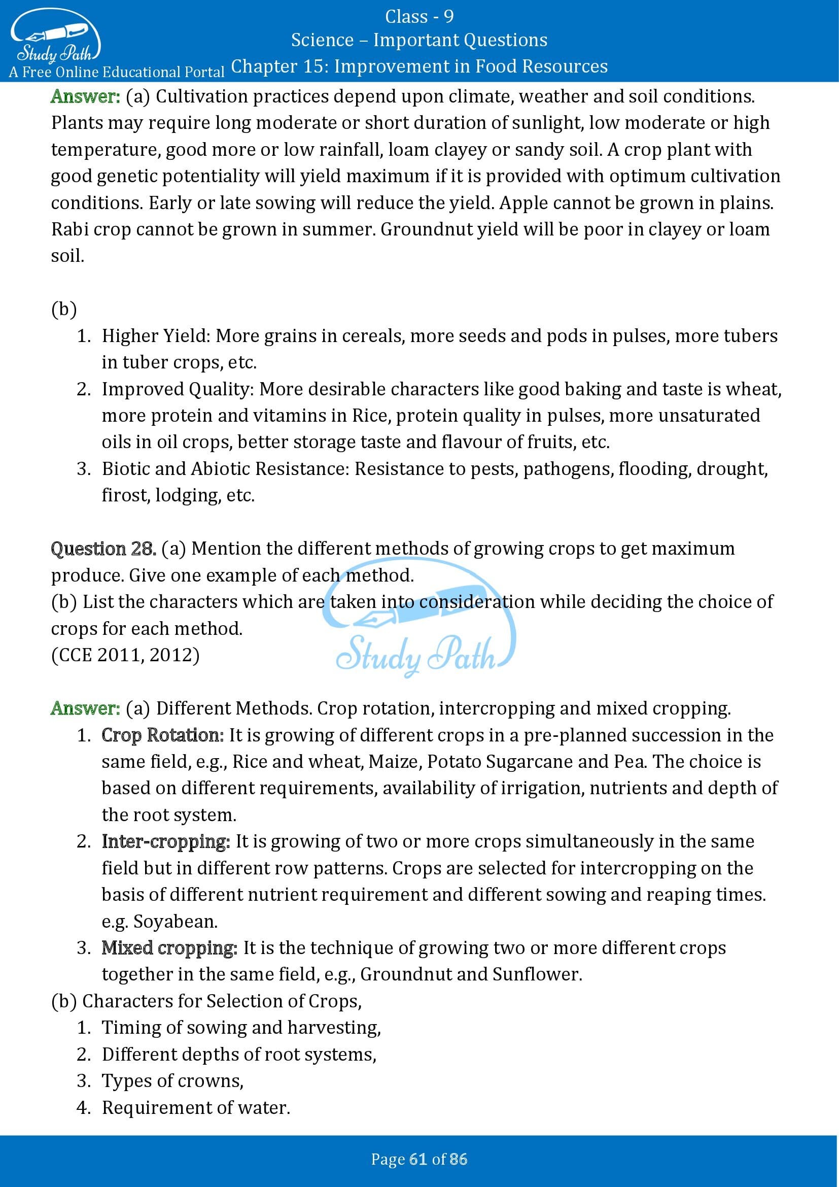 Important Questions for Class 9 Science Chapter 15 Improvement in Food Resources 00061