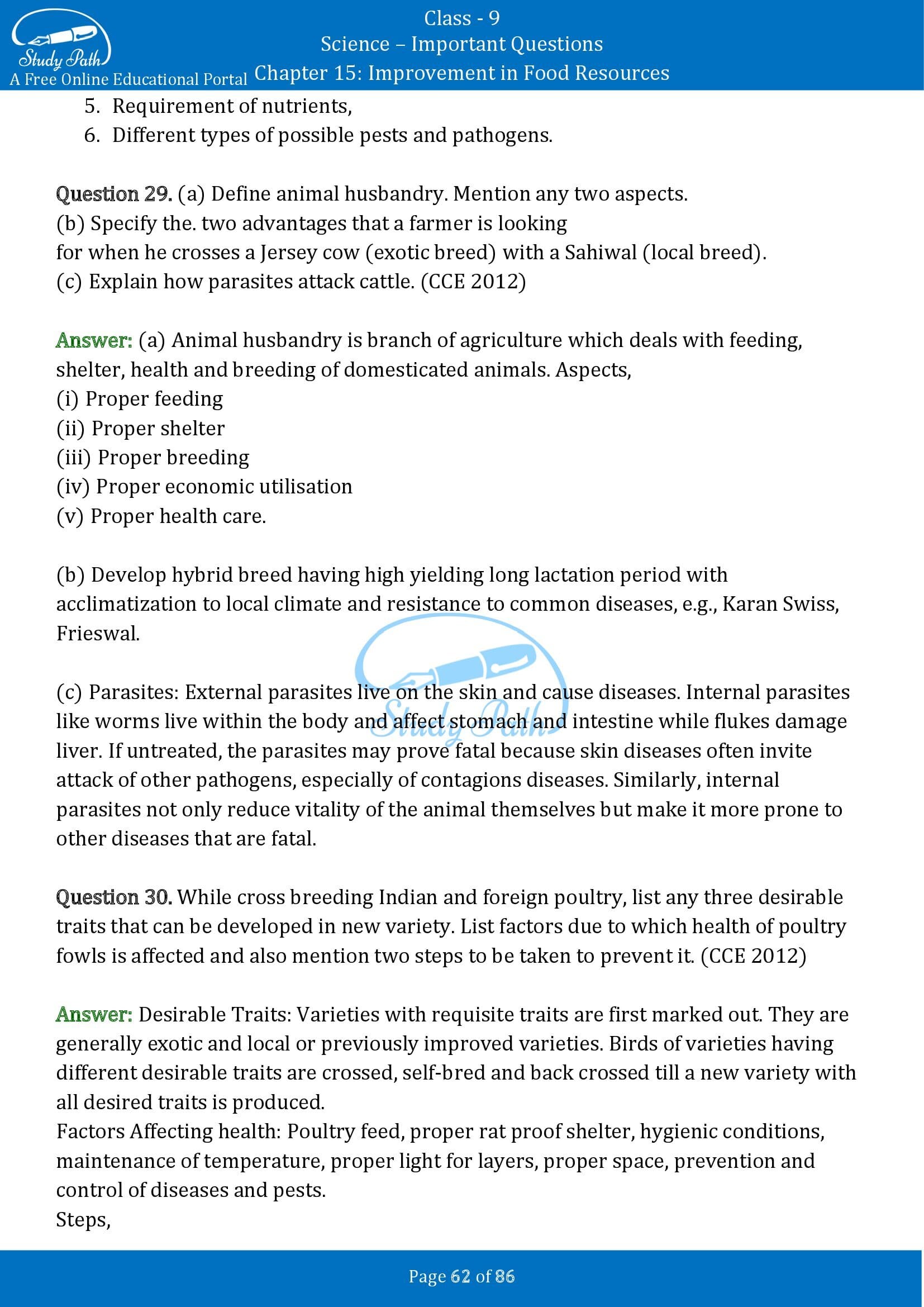 Important Questions for Class 9 Science Chapter 15 Improvement in Food Resources 00062