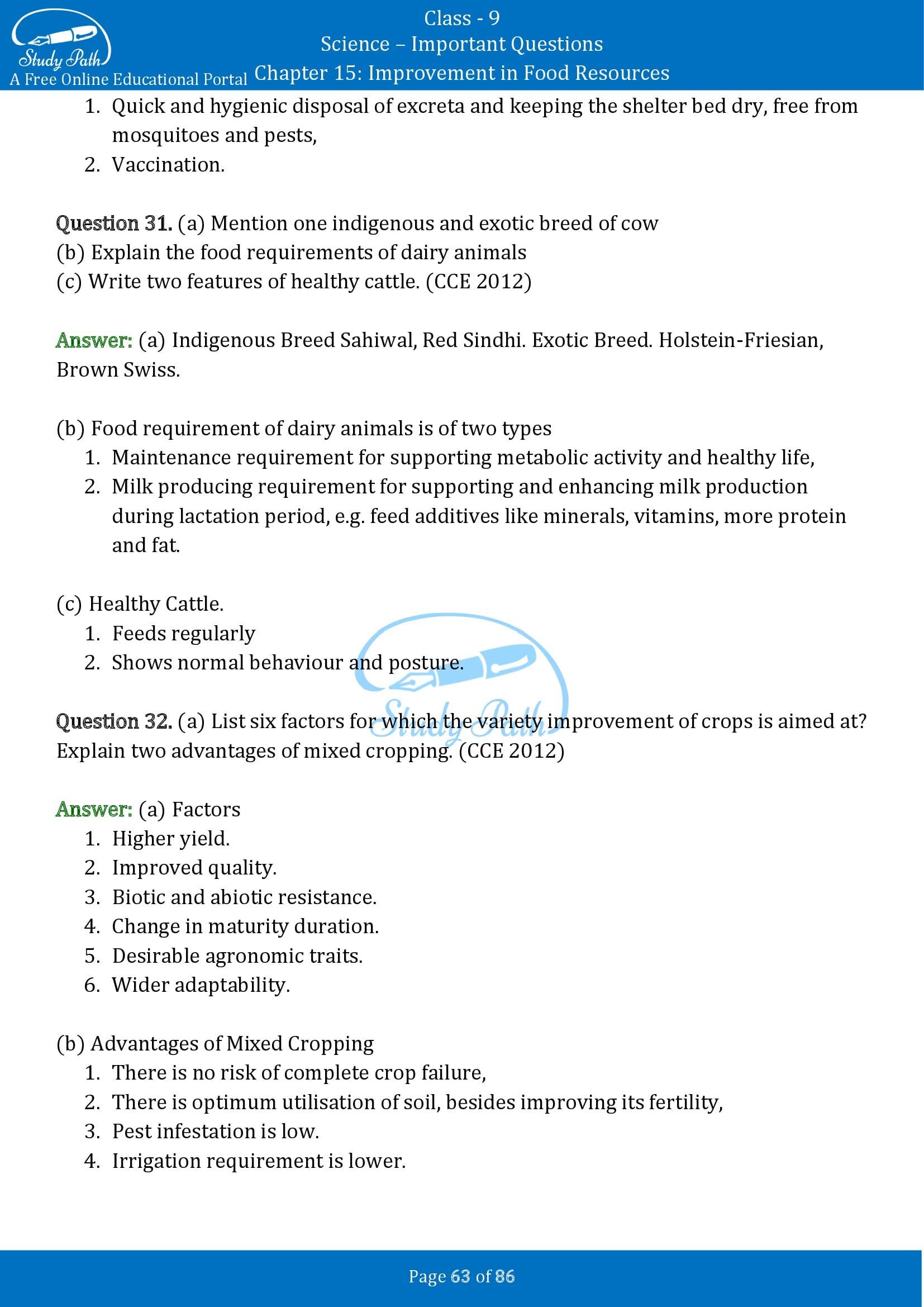 Important Questions for Class 9 Science Chapter 15 Improvement in Food Resources 00063