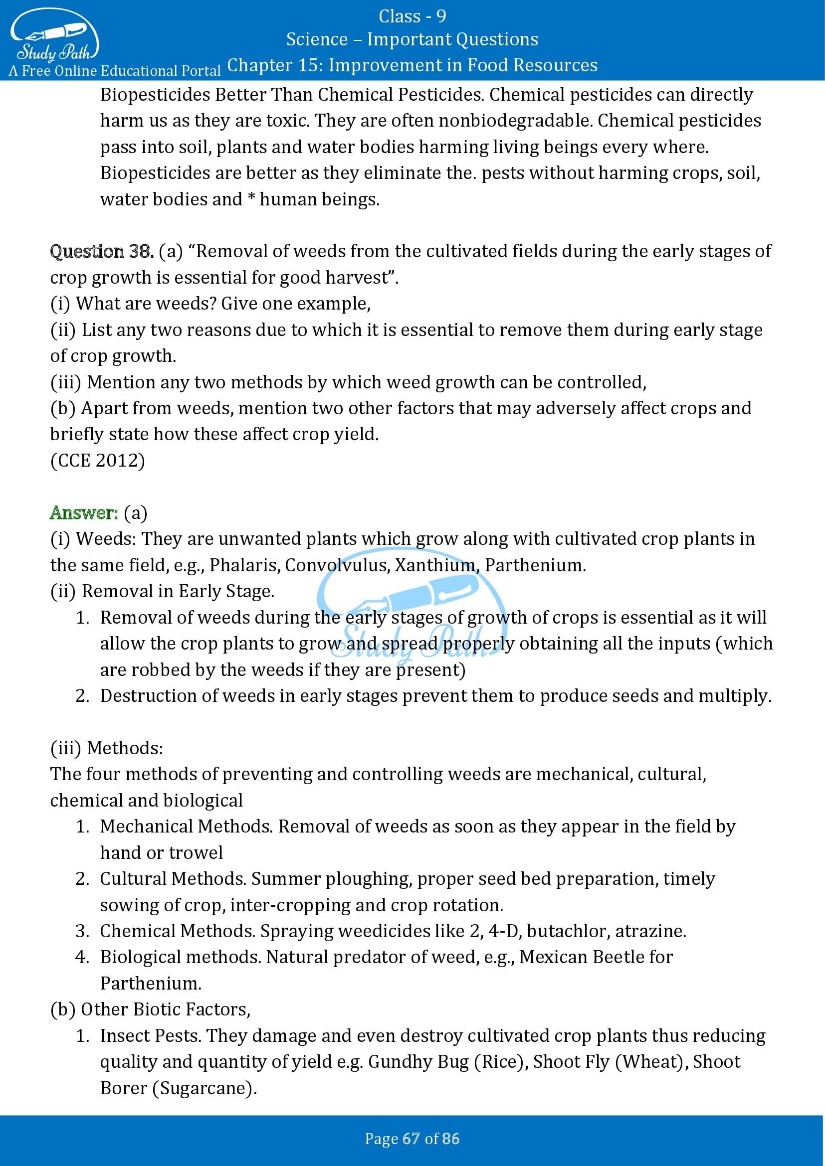 Important Questions for Class 9 Science Chapter 15 Improvement in Food Resources 00067