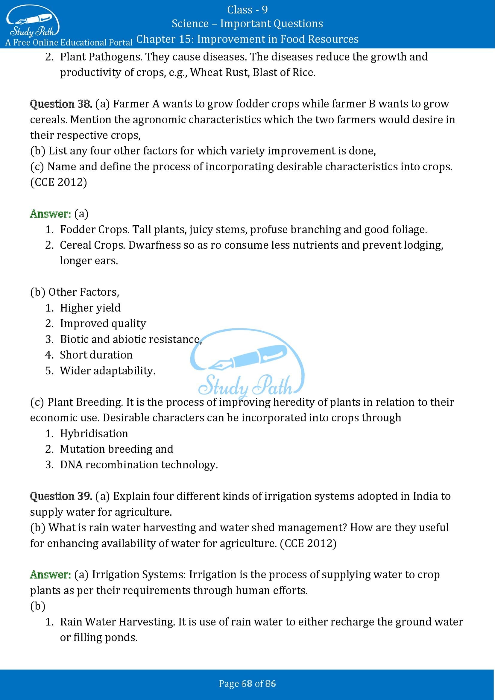 Important Questions for Class 9 Science Chapter 15 Improvement in Food Resources 00068