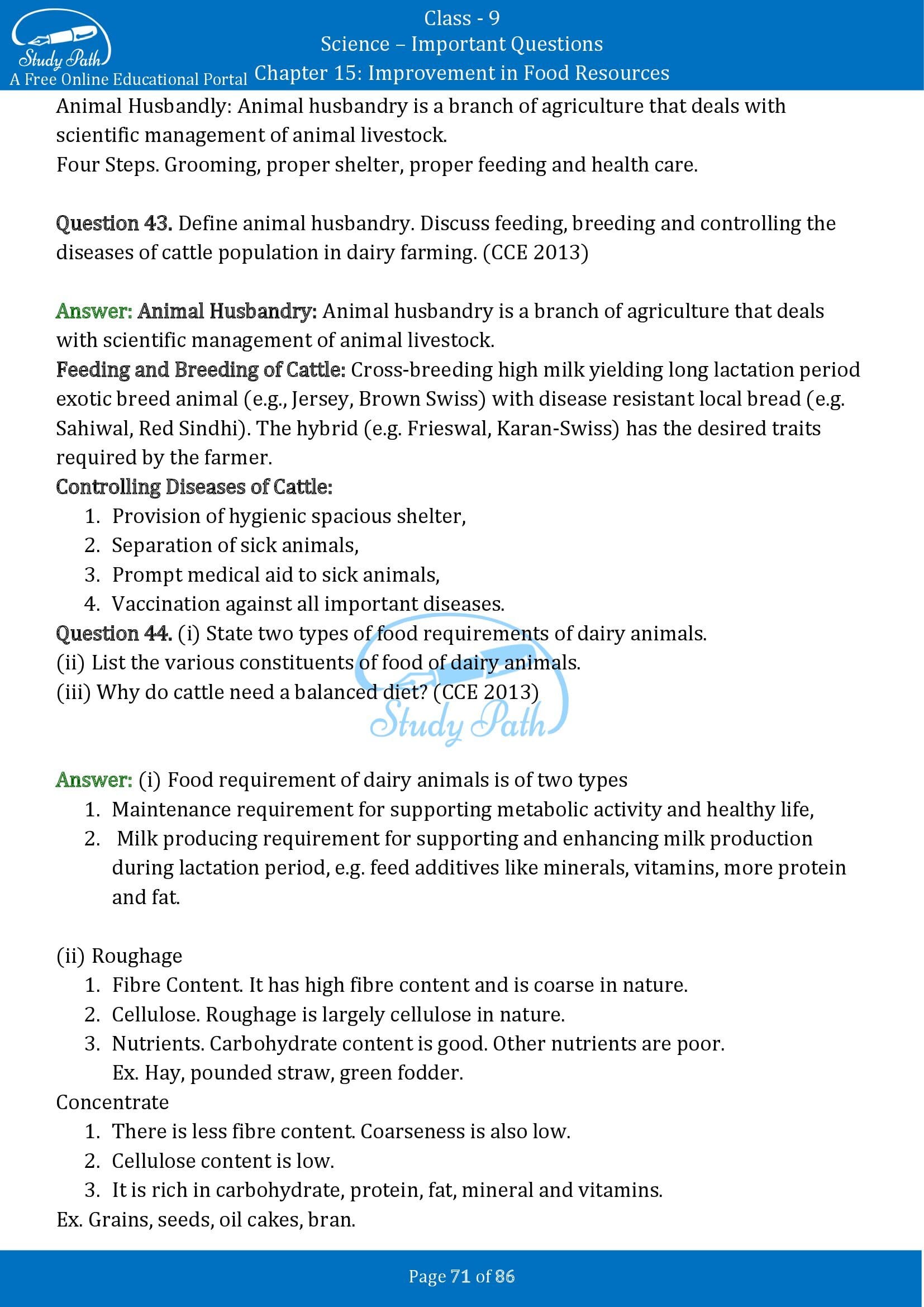 Important Questions for Class 9 Science Chapter 15 Improvement in Food Resources 00071