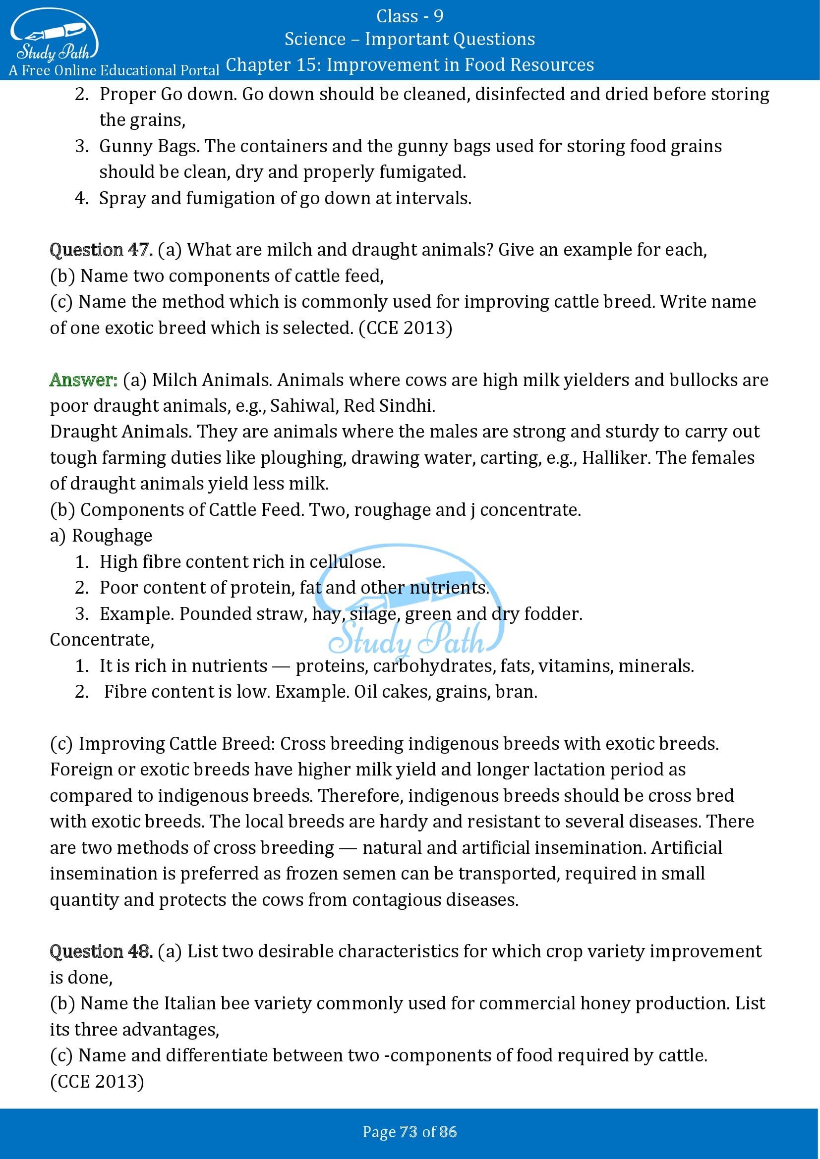 Important Questions for Class 9 Science Chapter 15 Improvement in Food Resources 00073