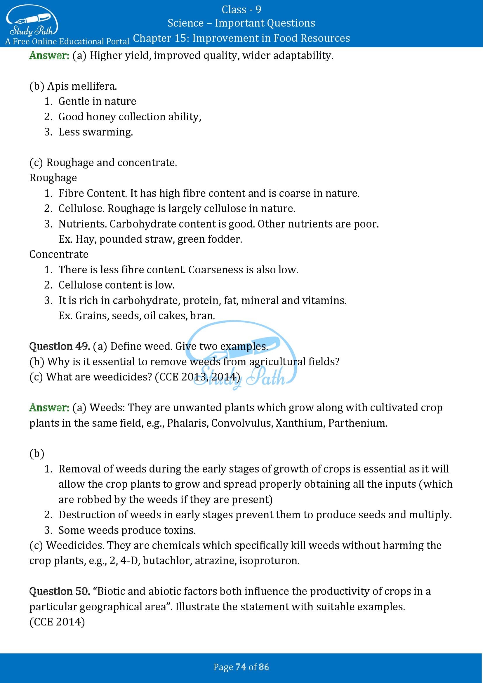 Important Questions for Class 9 Science Chapter 15 Improvement in Food Resources 00074