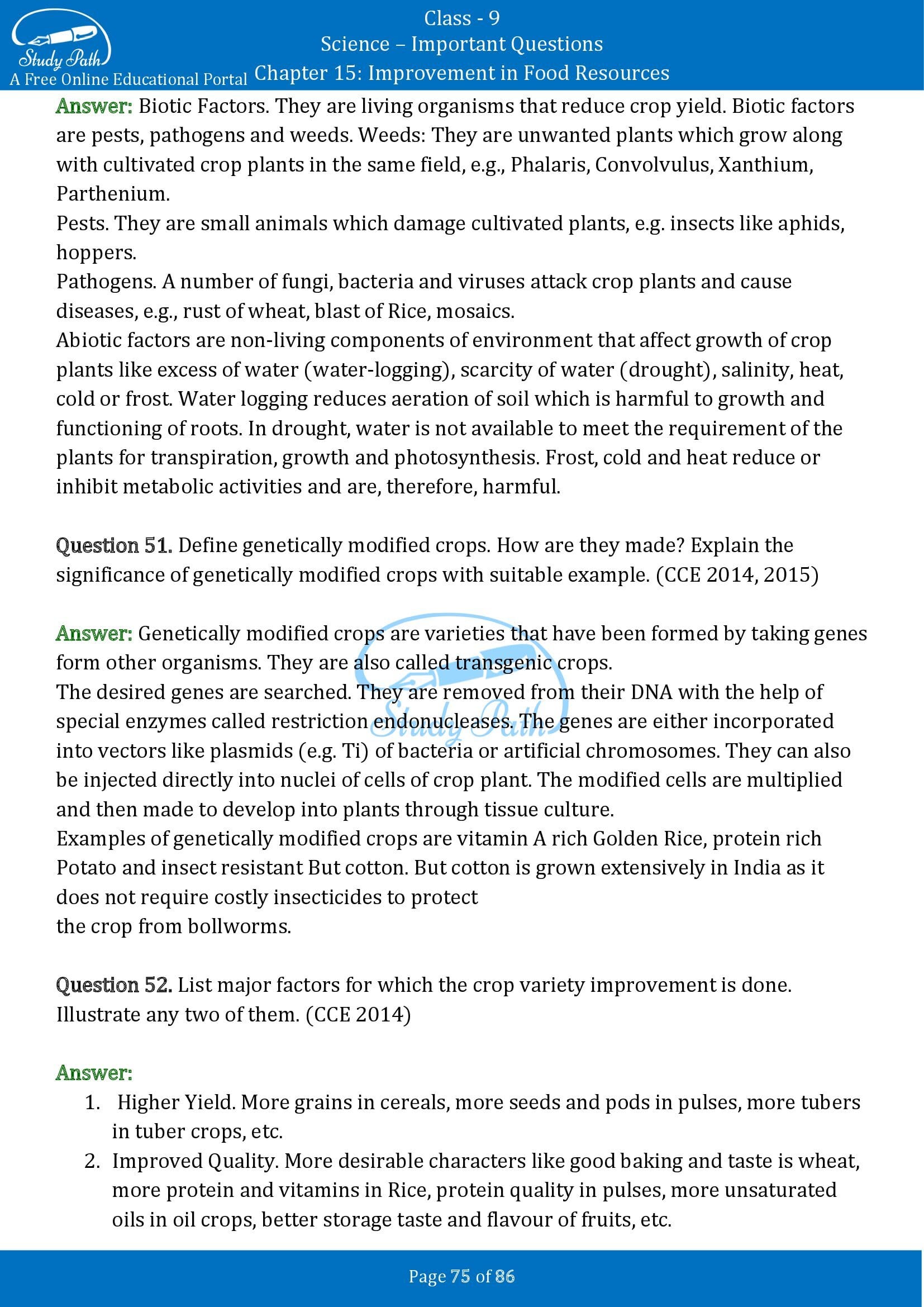 Important Questions for Class 9 Science Chapter 15 Improvement in Food Resources 00075