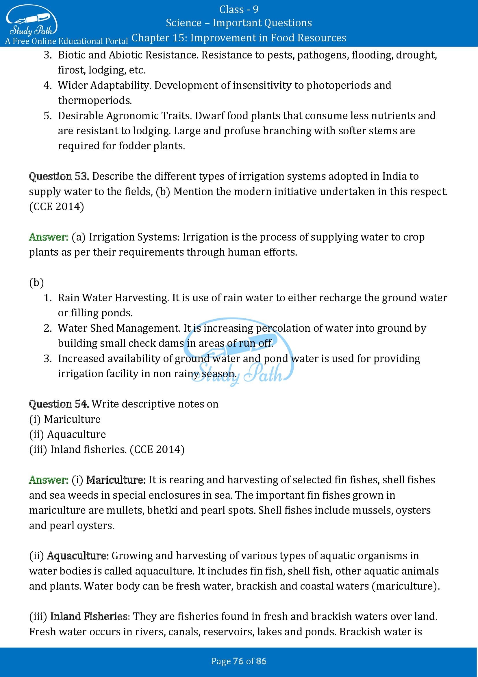 Important Questions for Class 9 Science Chapter 15 Improvement in Food Resources 00076