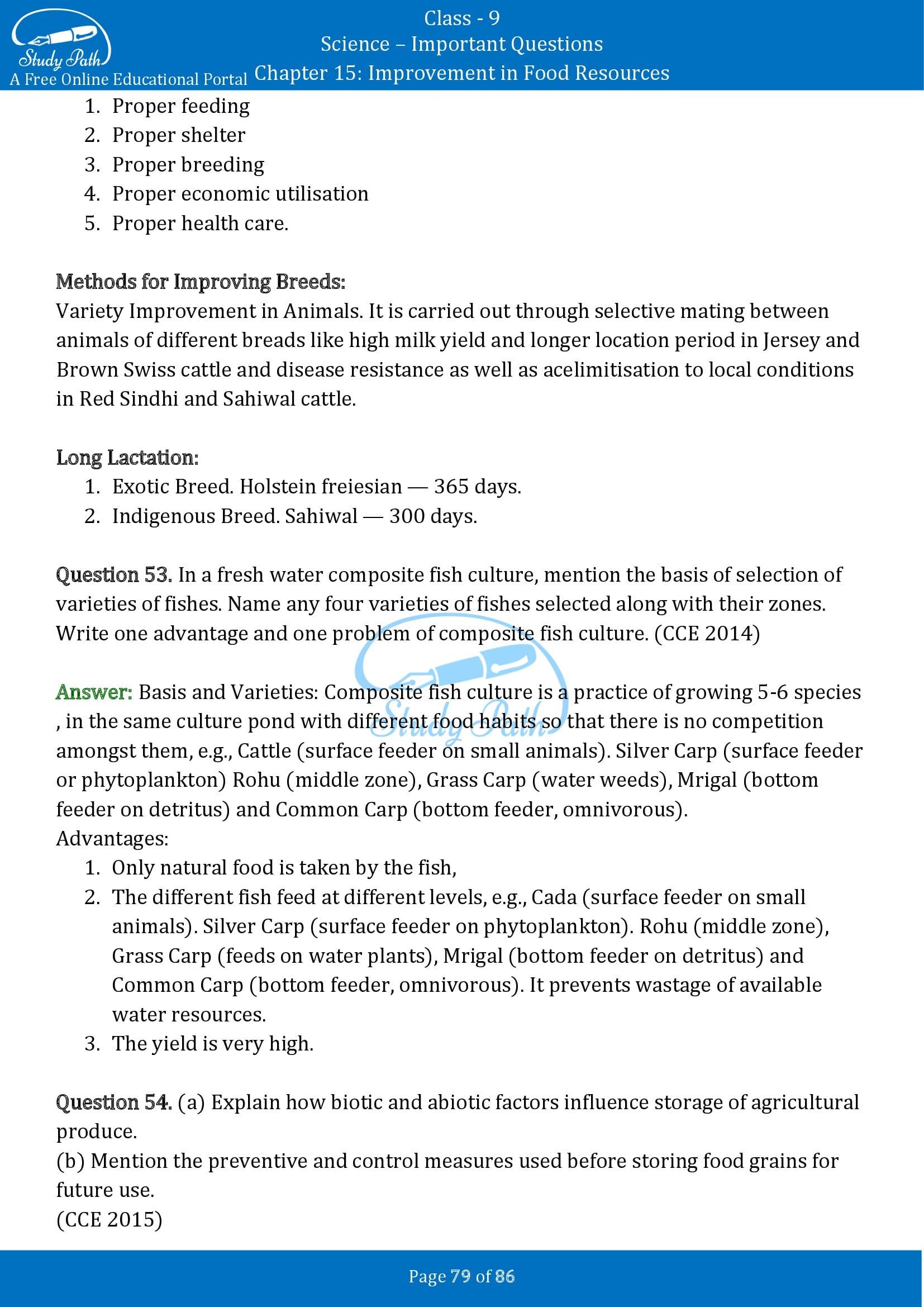 Important Questions for Class 9 Science Chapter 15 Improvement in Food Resources 00079