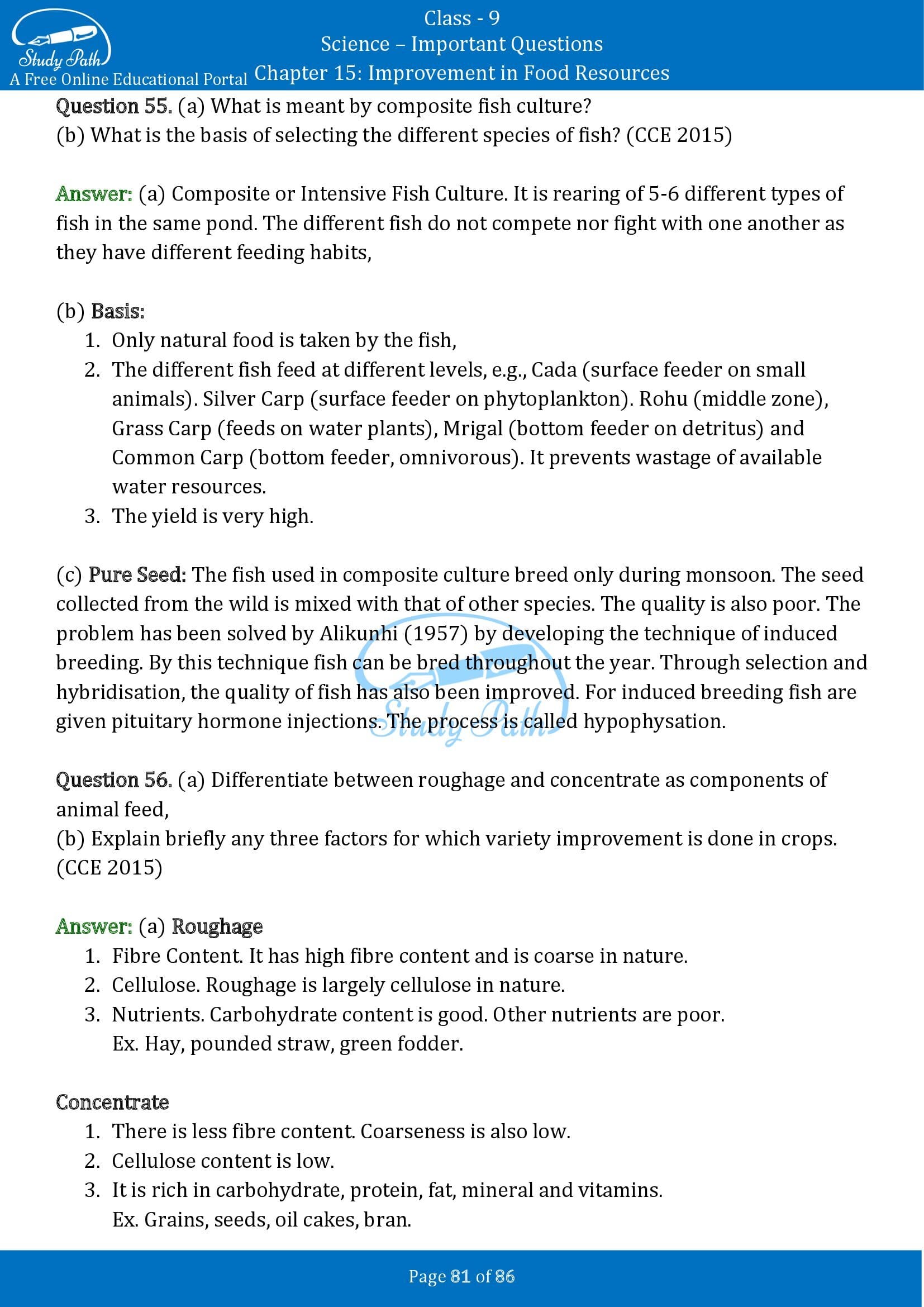 Important Questions for Class 9 Science Chapter 15 Improvement in Food Resources 00081