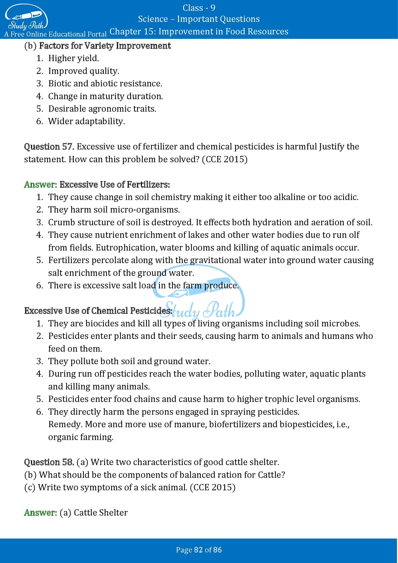 Important Questions for Class 9 Science Chapter 15 Improvement in Food Resources 00082