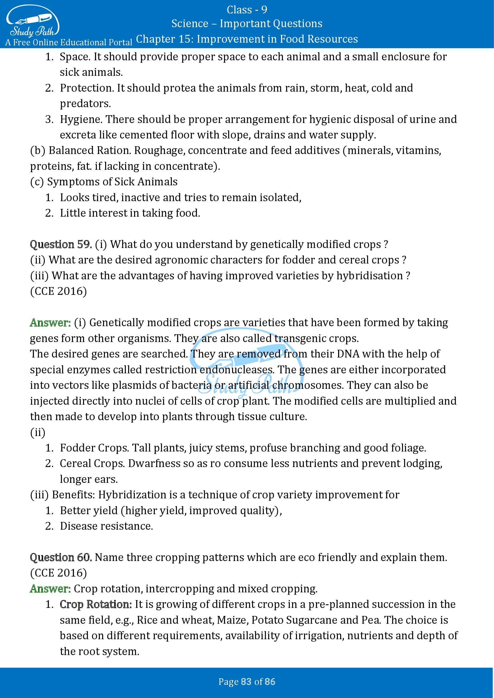 Important Questions for Class 9 Science Chapter 15 Improvement in Food Resources 00083