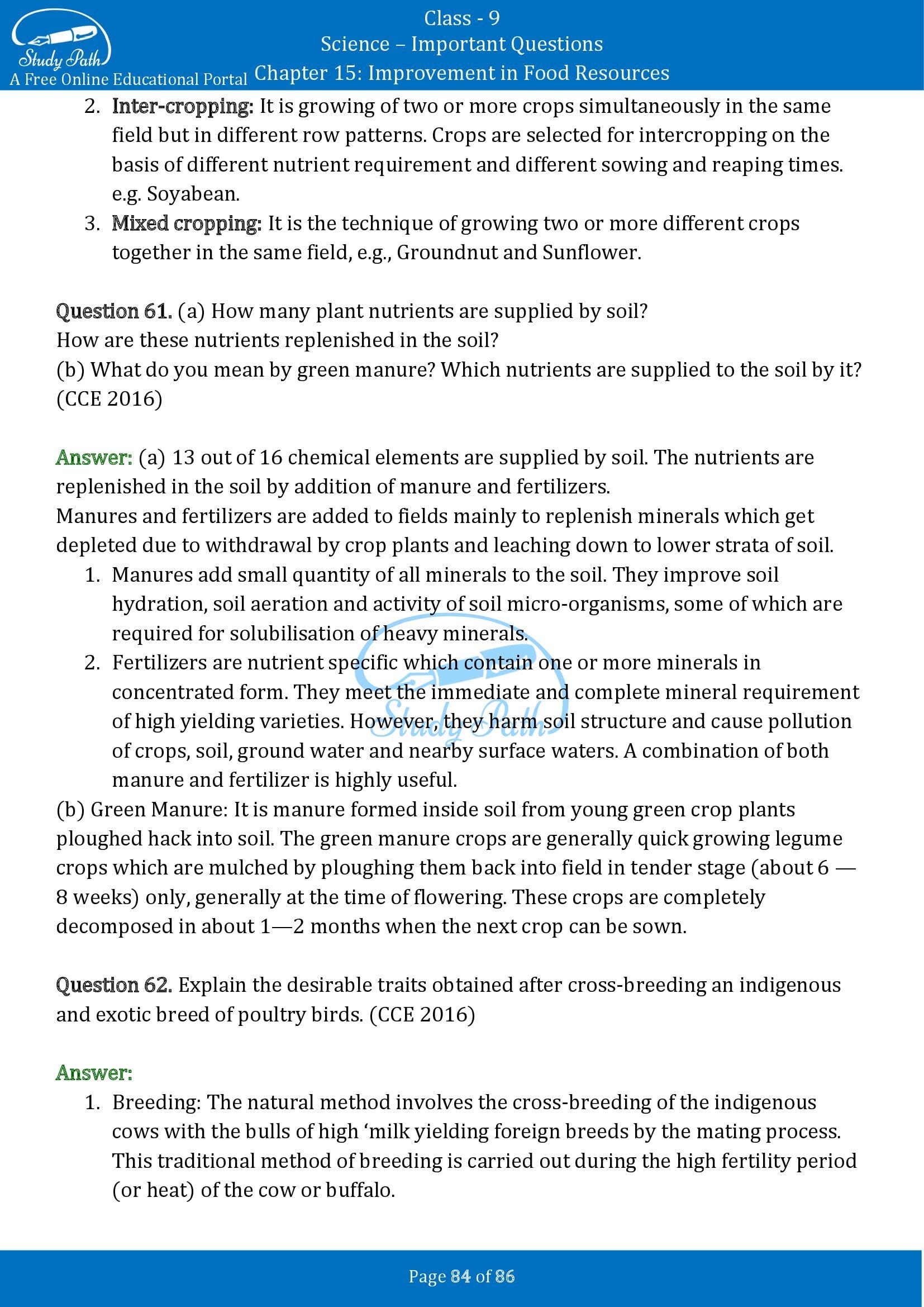 Important Questions for Class 9 Science Chapter 15 Improvement in Food Resources 00084