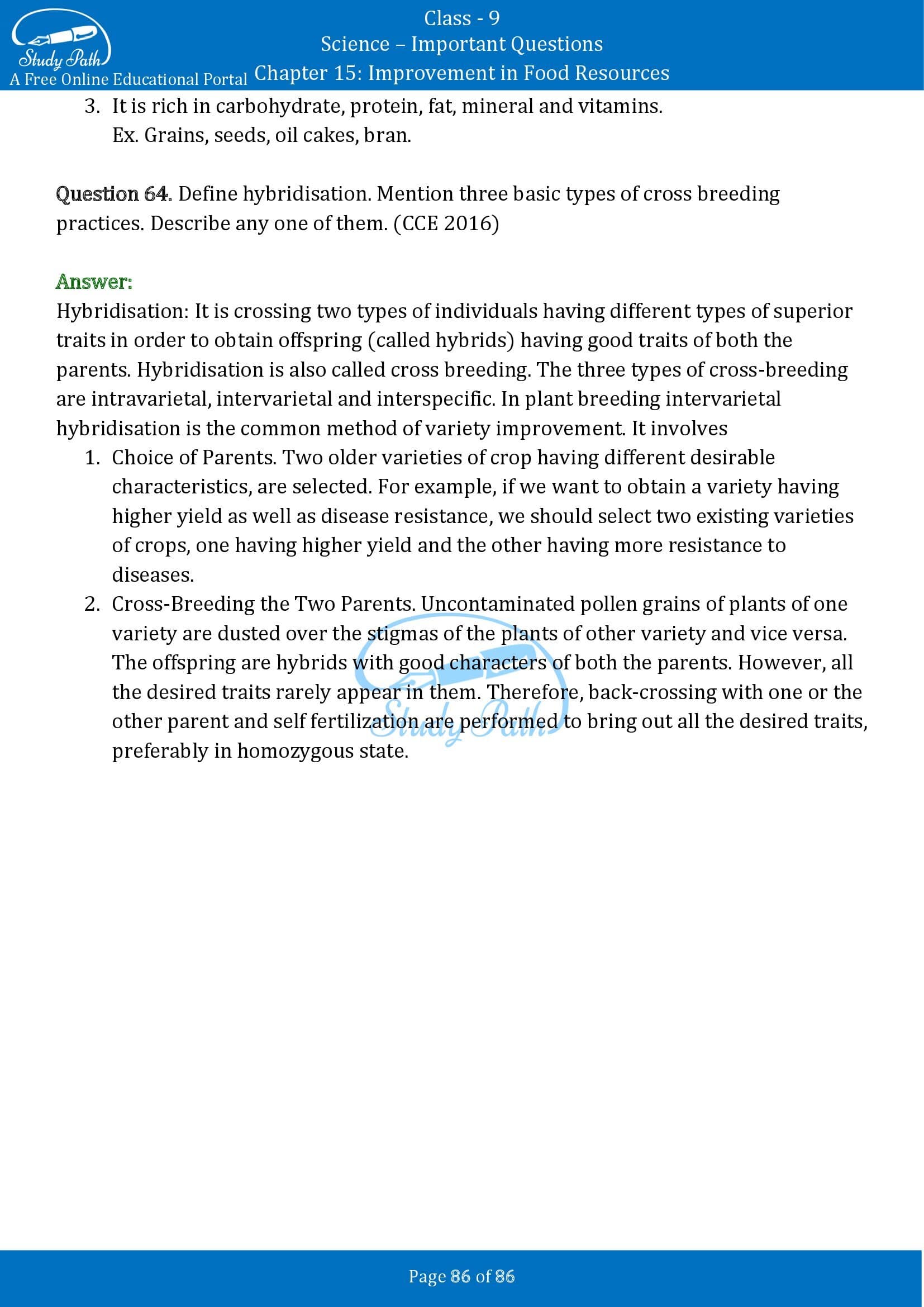 Important Questions for Class 9 Science Chapter 15 Improvement in Food Resources 00086