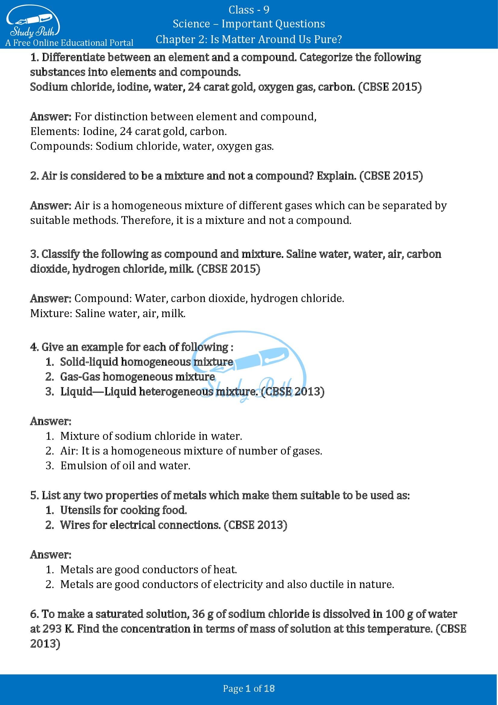 Important Questions for Class 9 Science Chapter 2 Is Matter Around Us Pure 00001