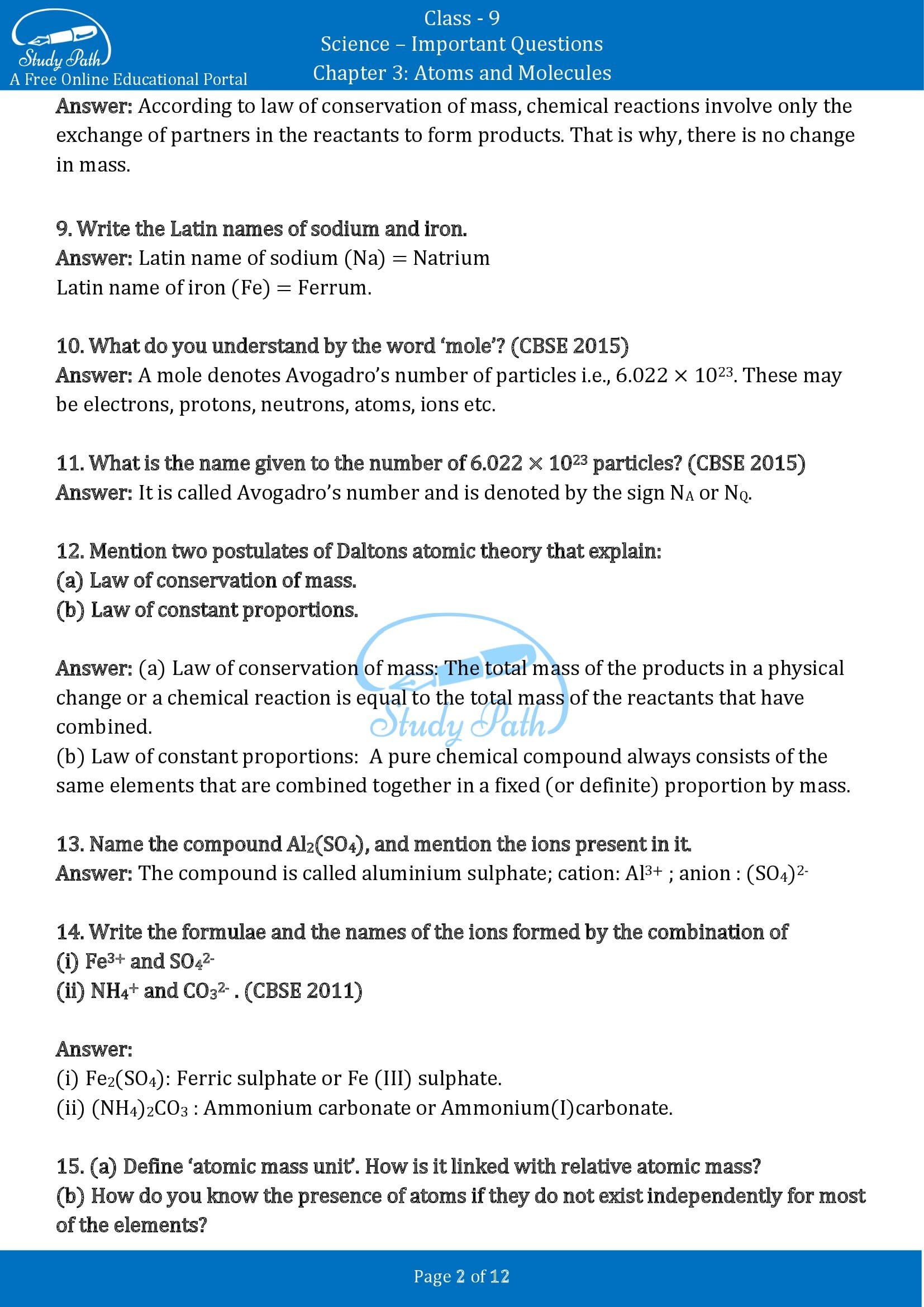 Important Questions for Class 9 Science Chapter 3 Atoms and Molecules 00002