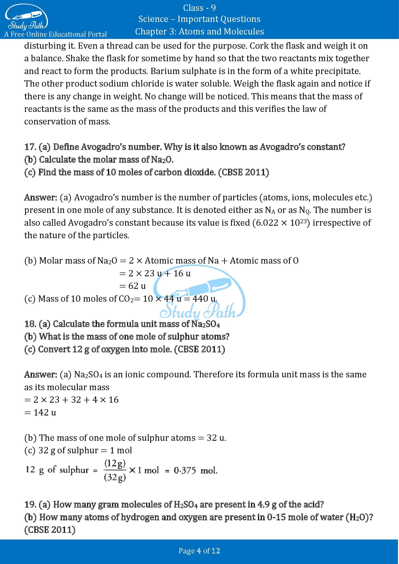 Important Questions for Class 9 Science Chapter 3 Atoms and Molecules 00004