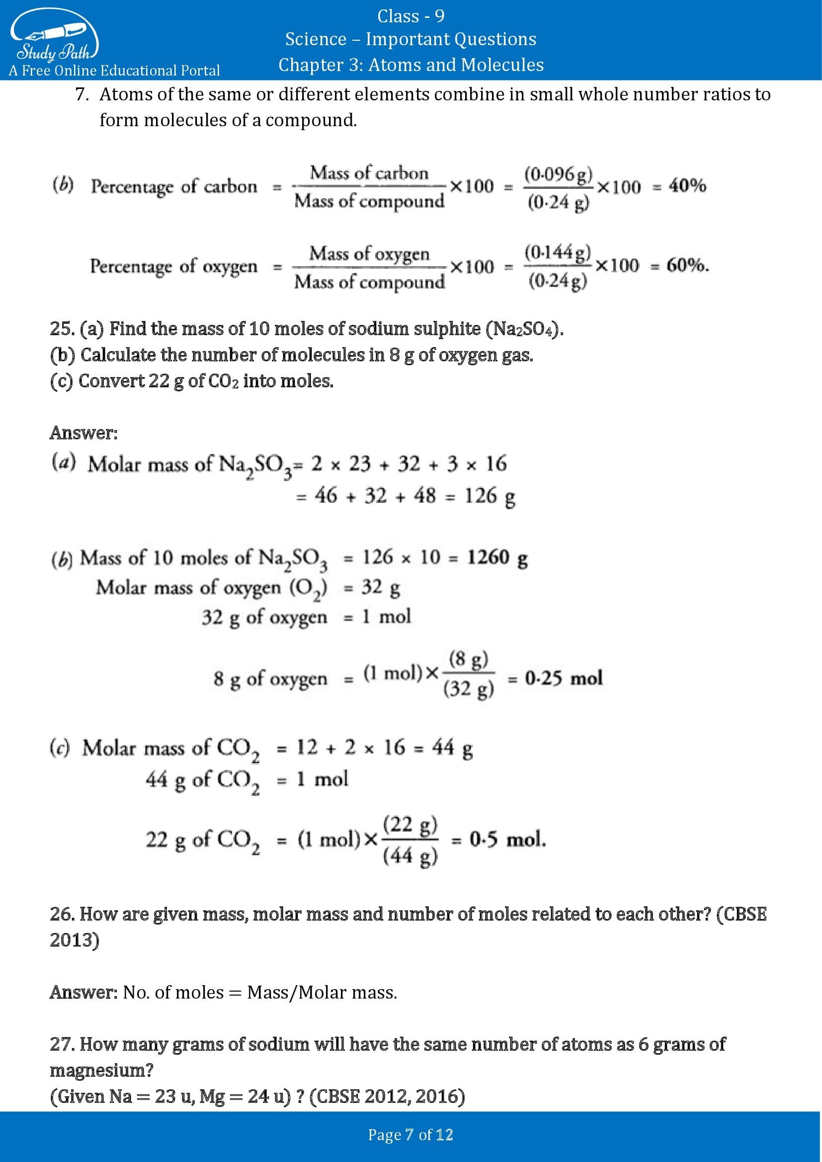 Important Questions for Class 9 Science Chapter 3 Atoms and Molecules 00007