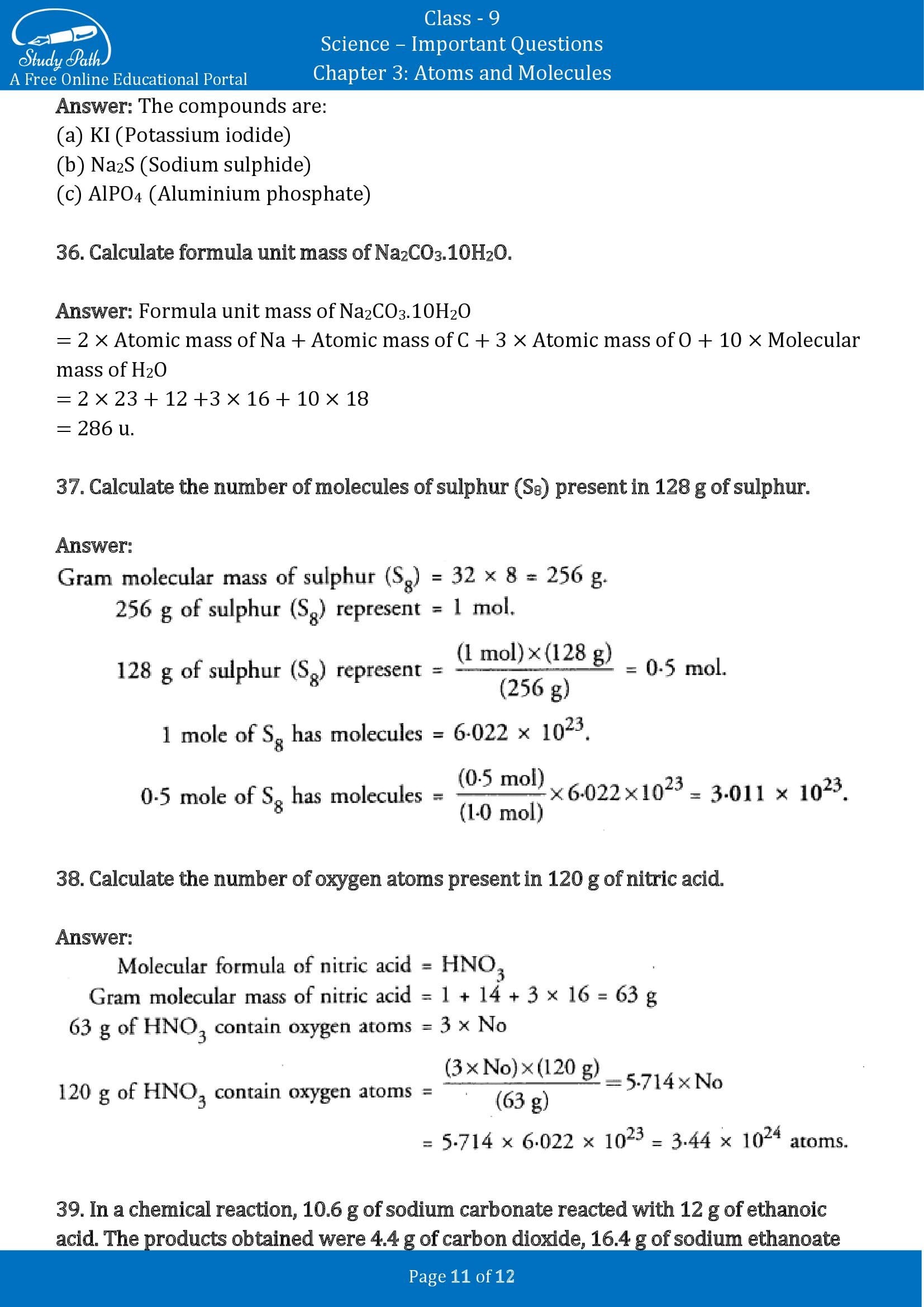 Important Questions for Class 9 Science Chapter 3 Atoms and Molecules 00011