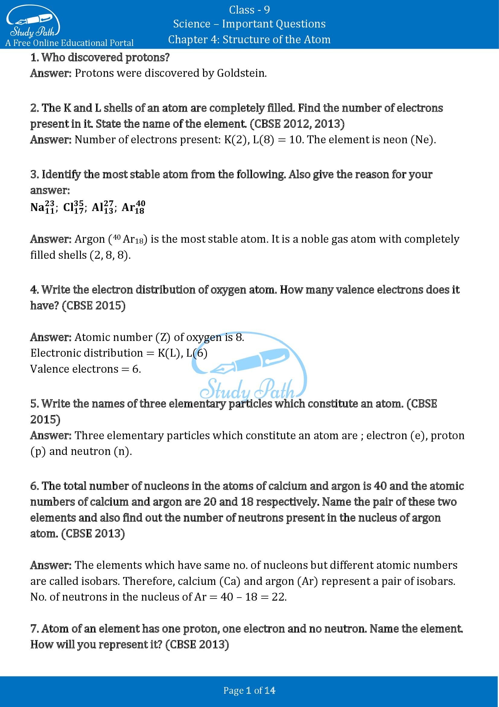 Important Questions for Class 9 Science Chapter 4 Structure of the Atom 00001