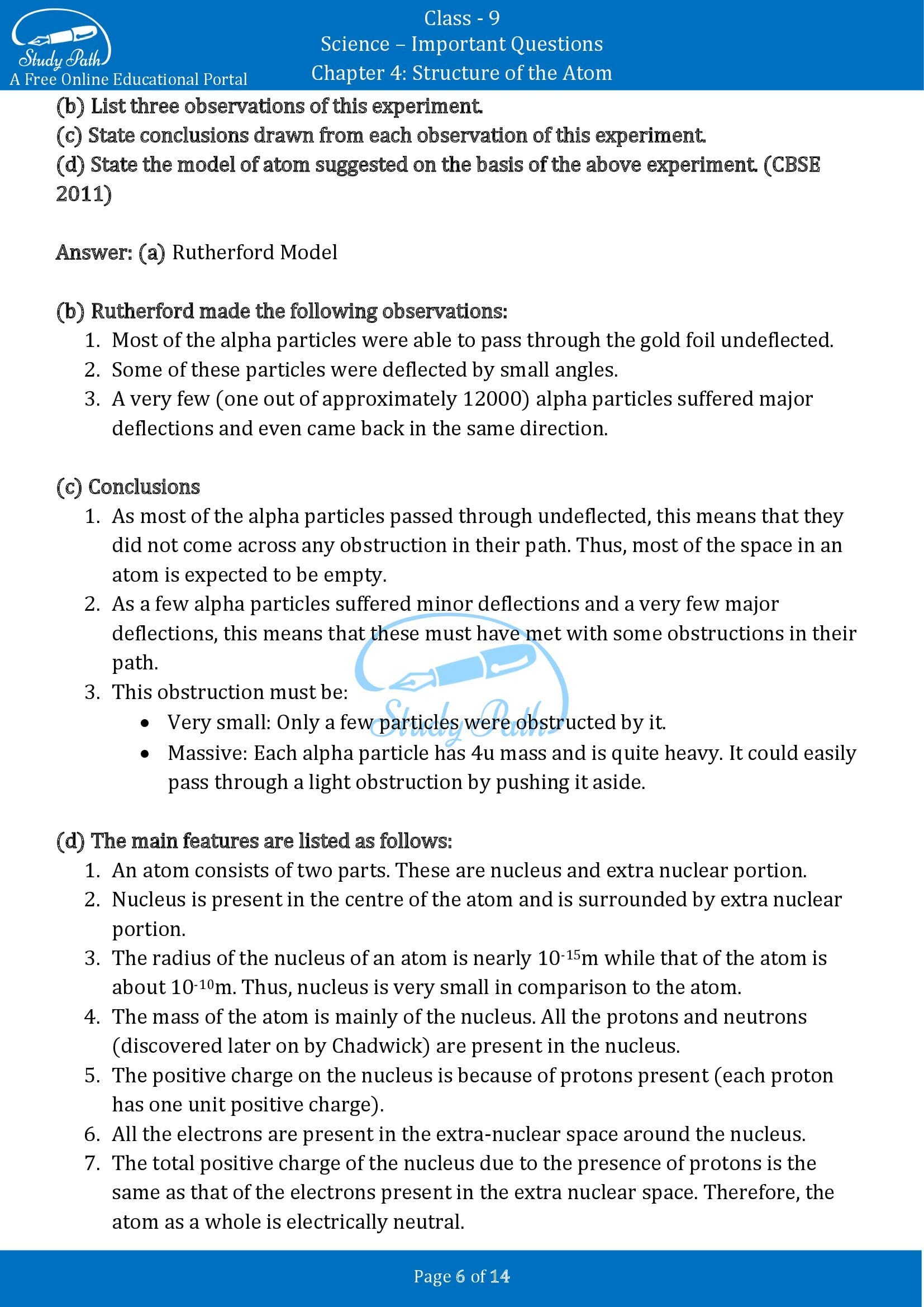 Important Questions for Class 9 Science Chapter 4 Structure of the Atom 00006