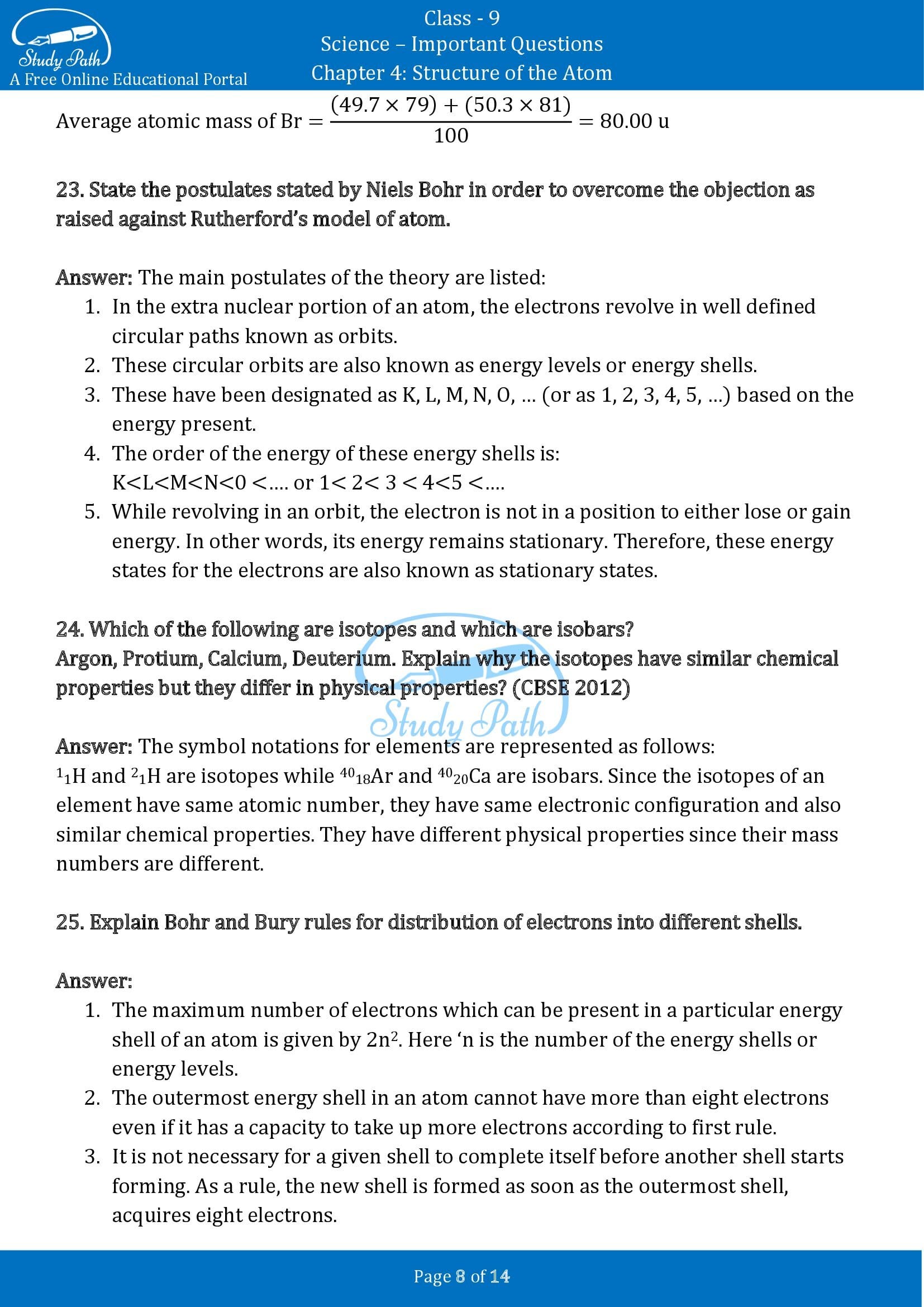 Important Questions for Class 9 Science Chapter 4 Structure of the Atom 00008