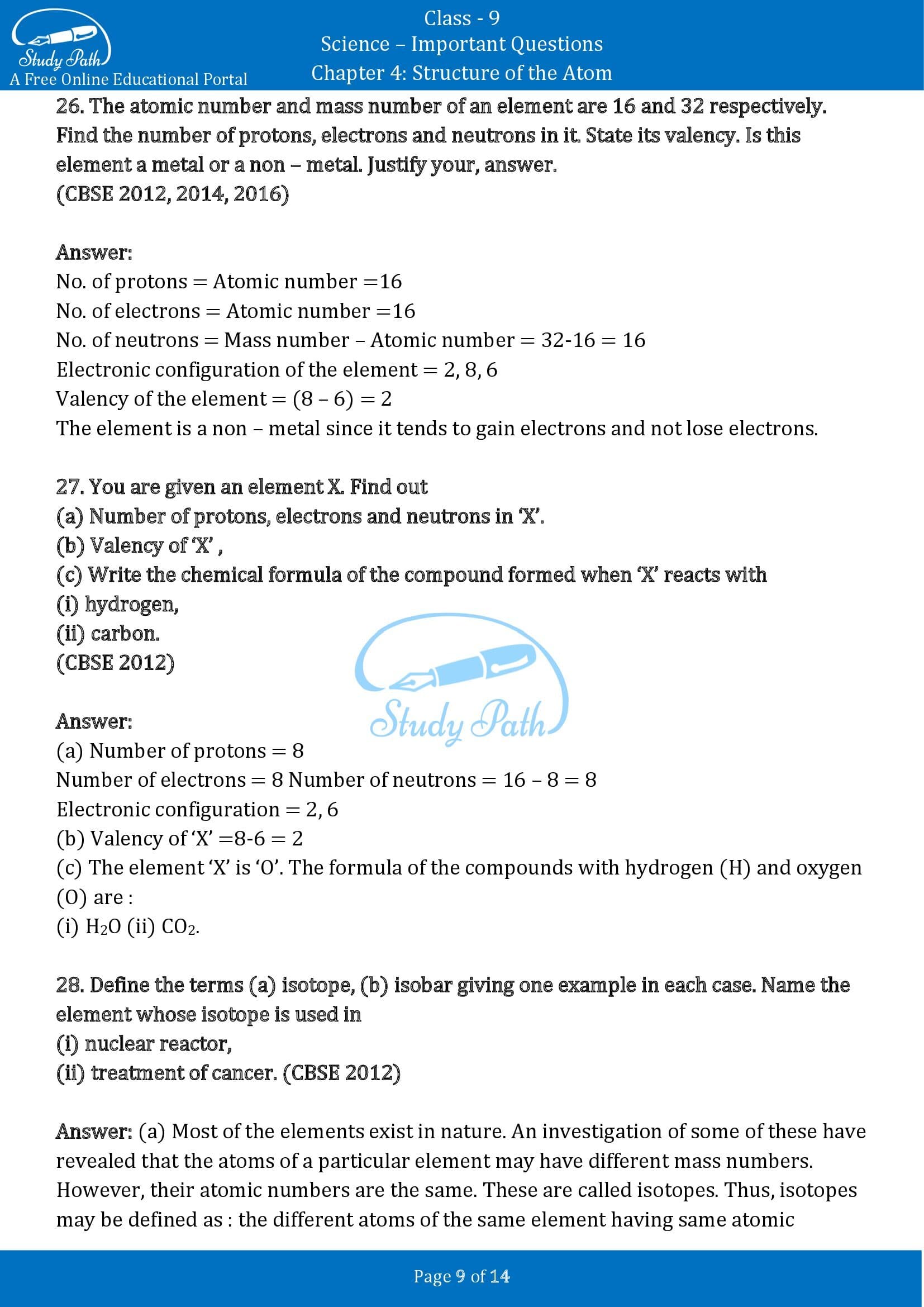 Important Questions for Class 9 Science Chapter 4 Structure of the Atom 00009