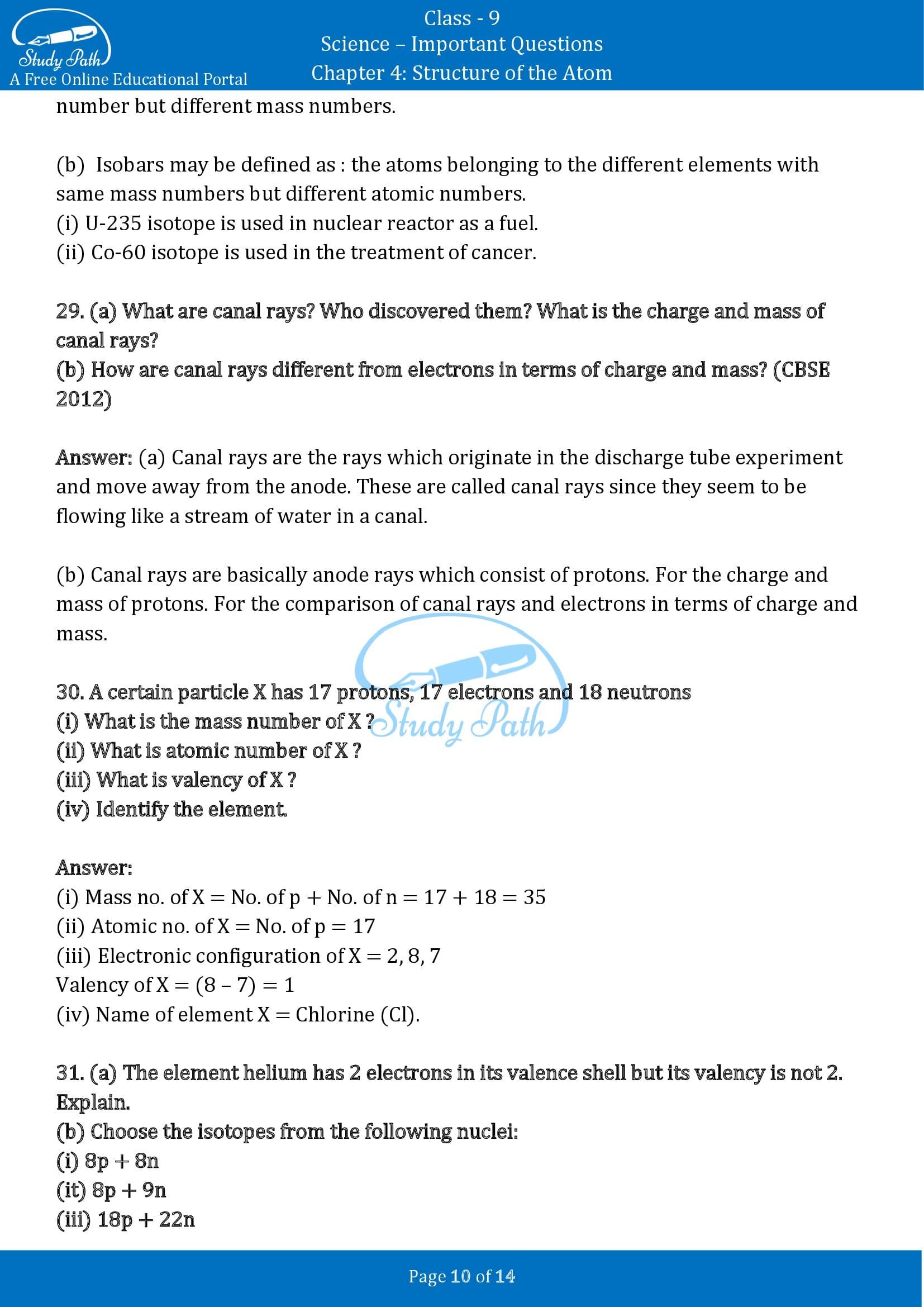 Important Questions for Class 9 Science Chapter 4 Structure of the Atom 00010