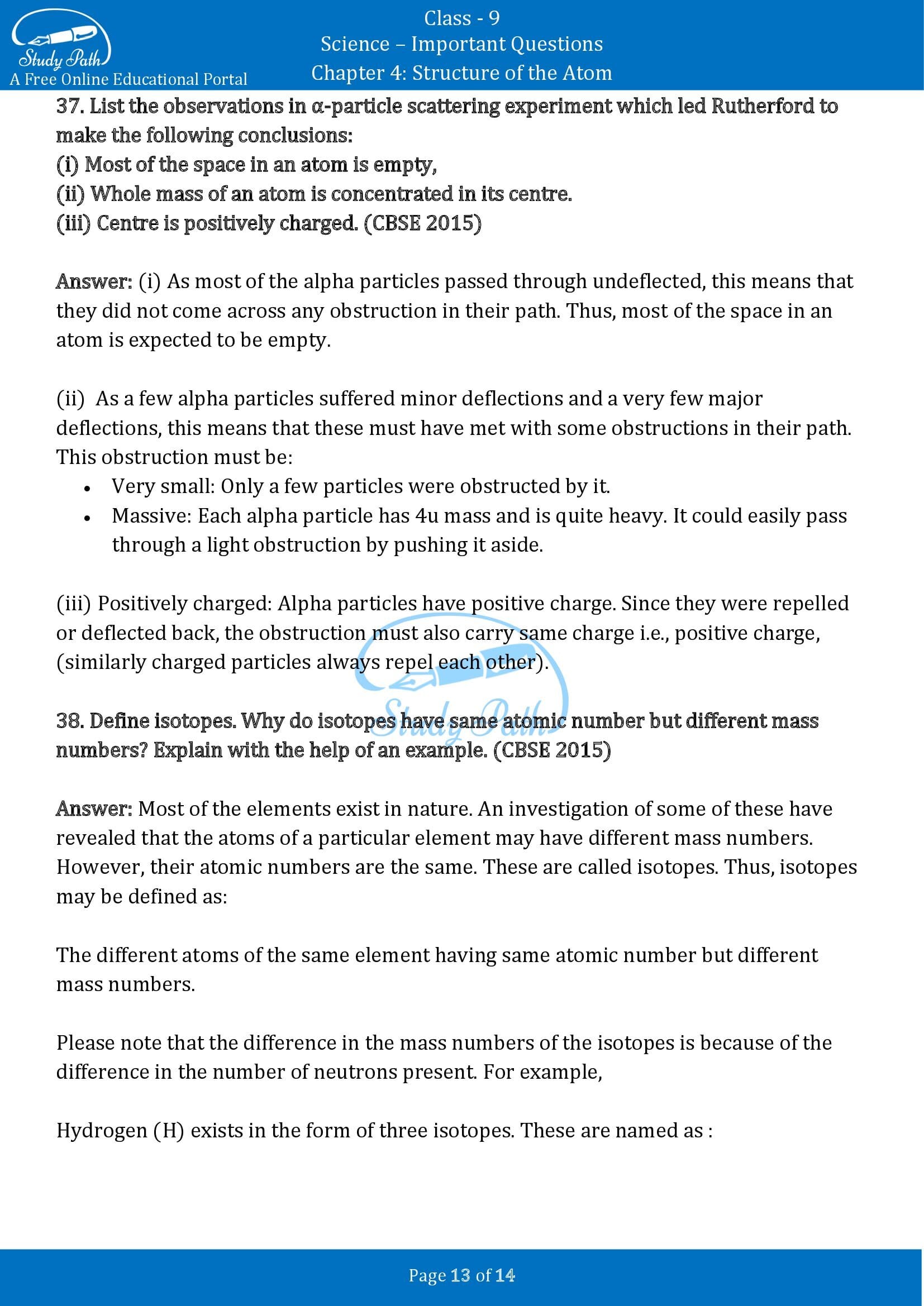 Important Questions for Class 9 Science Chapter 4 Structure of the Atom 00013