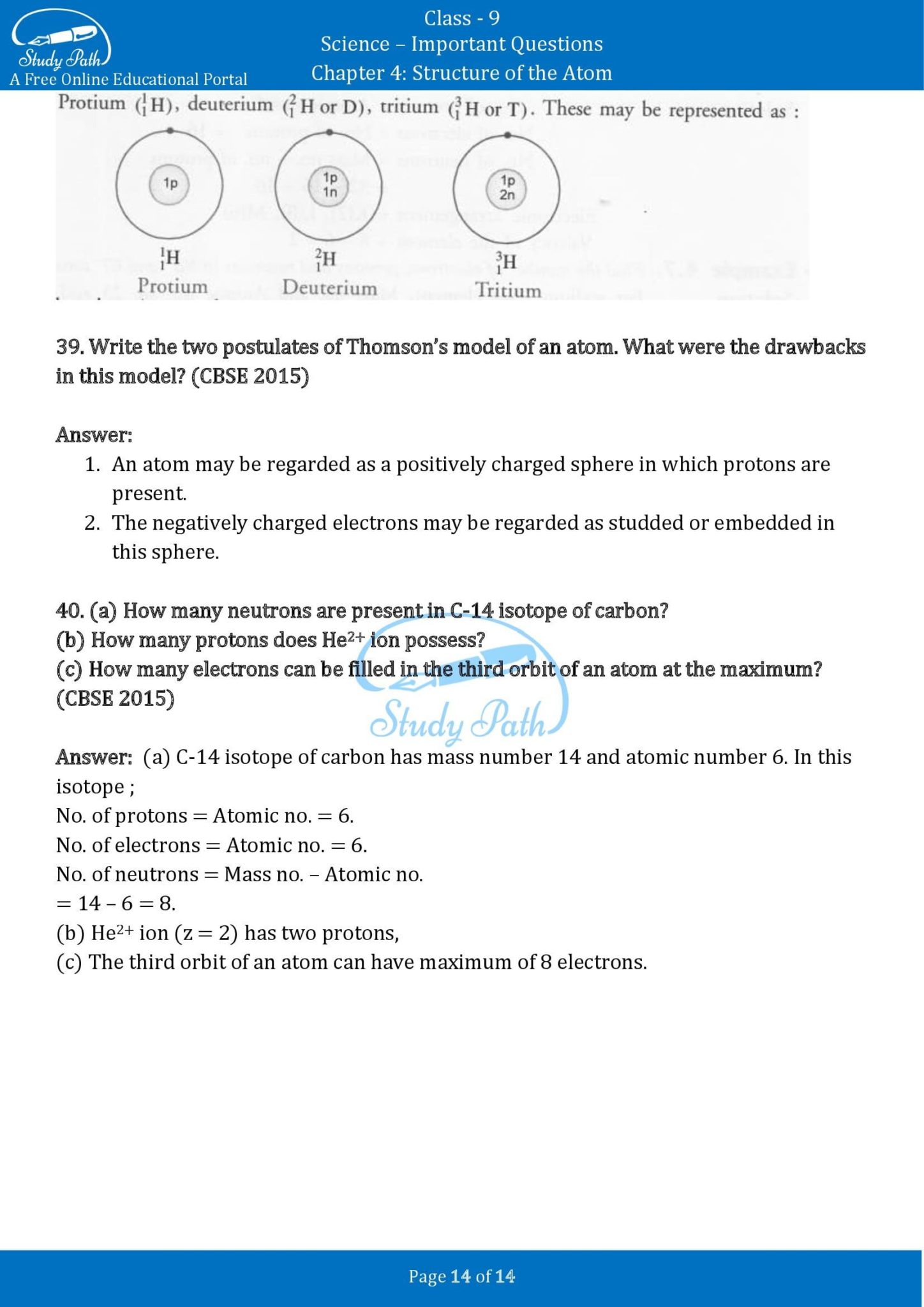 Important Questions for Class 9 Science Chapter 4 Structure of the Atom