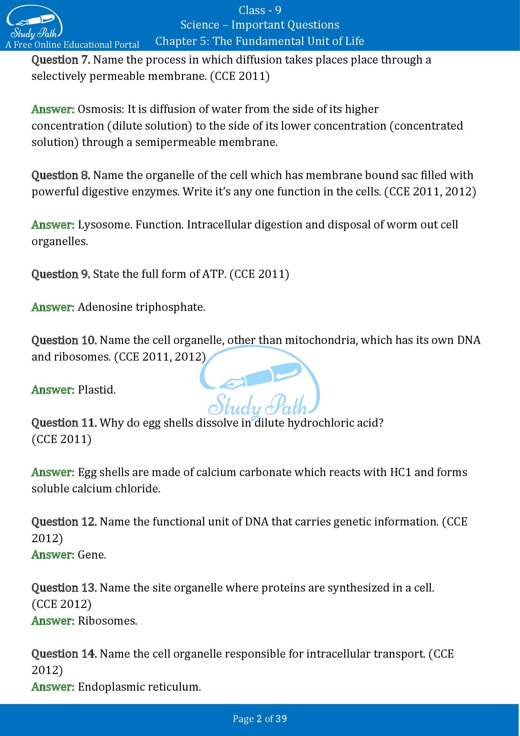 Important Questions for Class 9 Science Chapter 5 The Fundamental Unit of Life 00002
