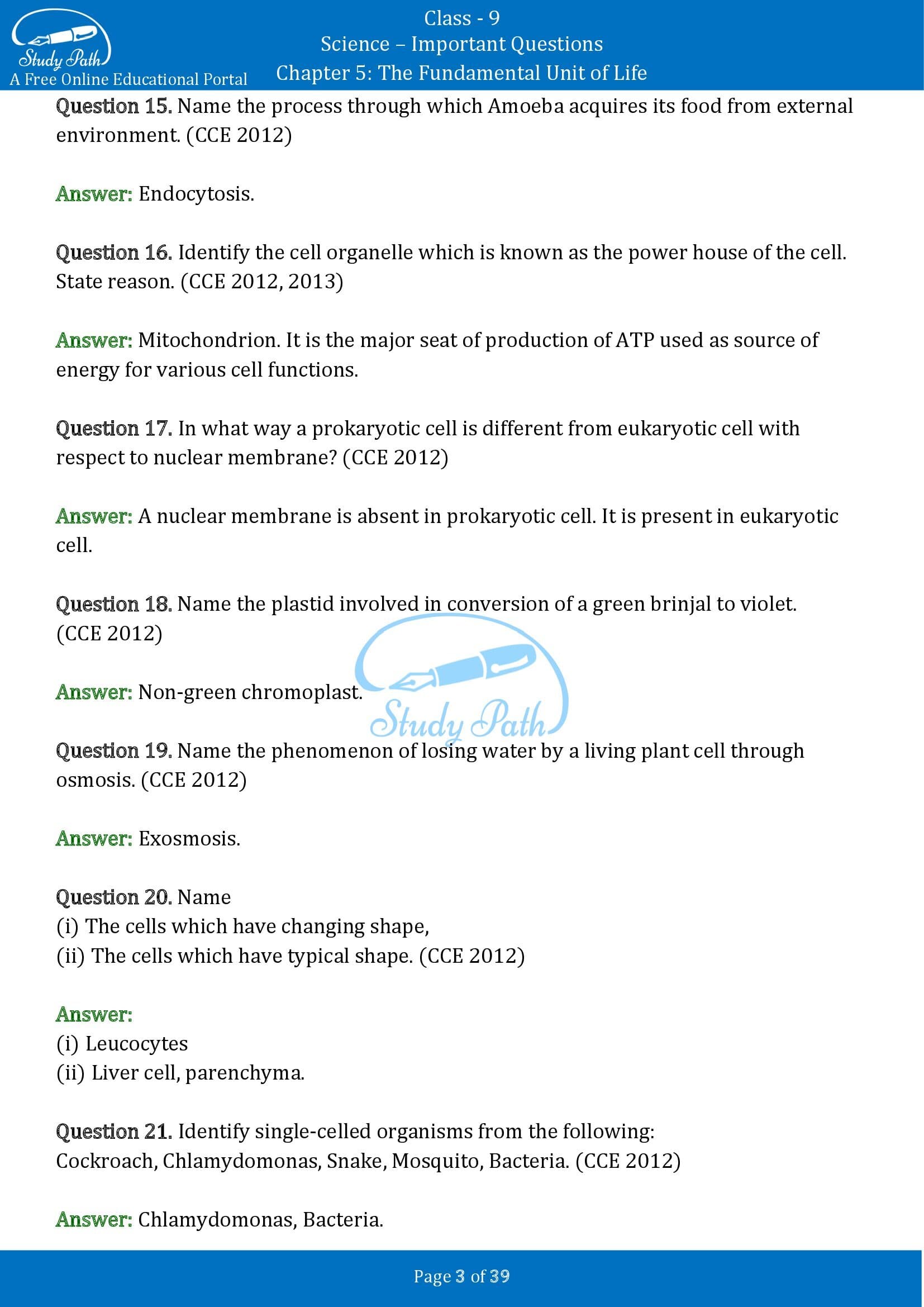 Important Questions for Class 9 Science Chapter 5 The Fundamental Unit of Life 00003