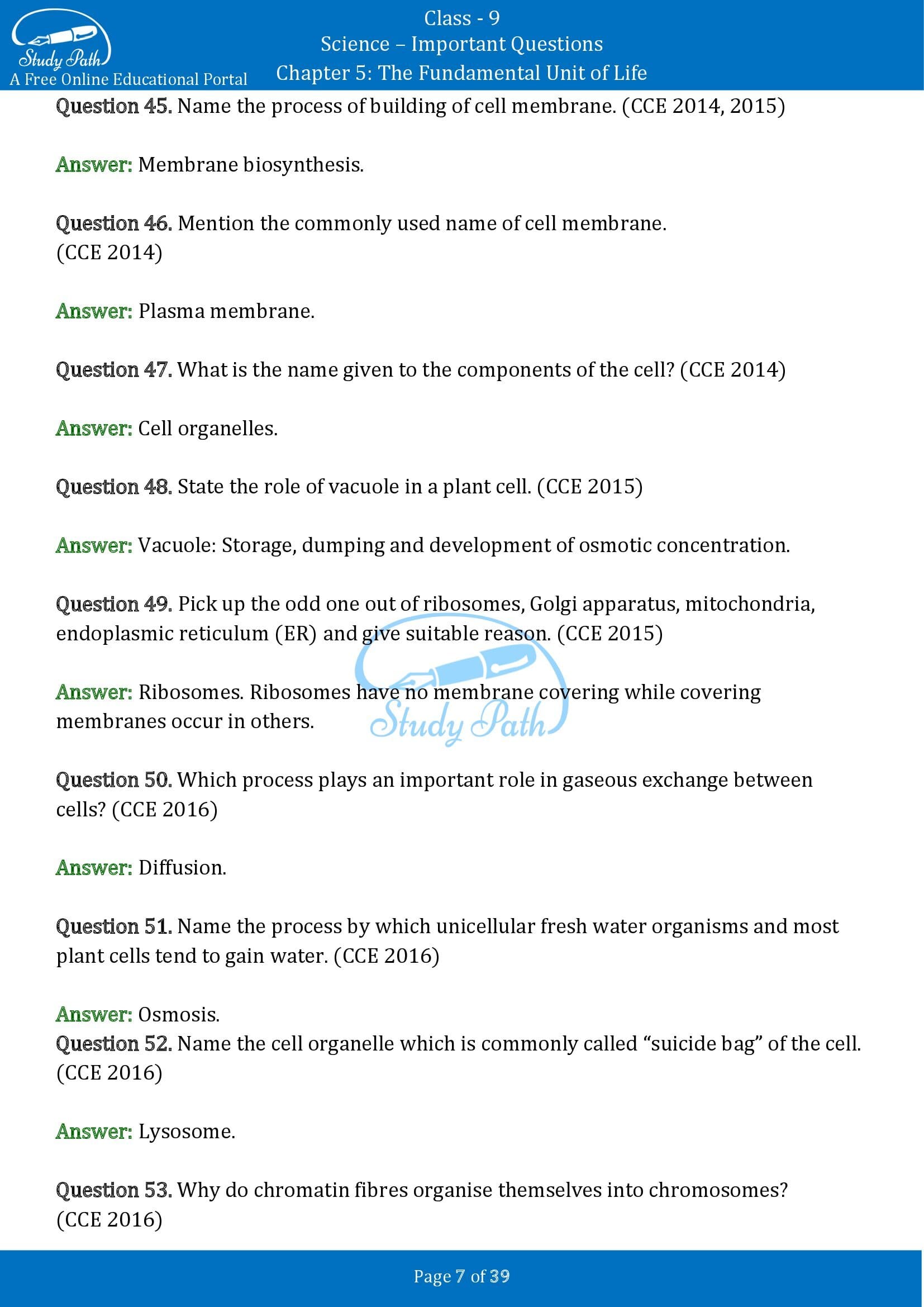 Important Questions for Class 9 Science Chapter 5 The Fundamental Unit of Life 00007