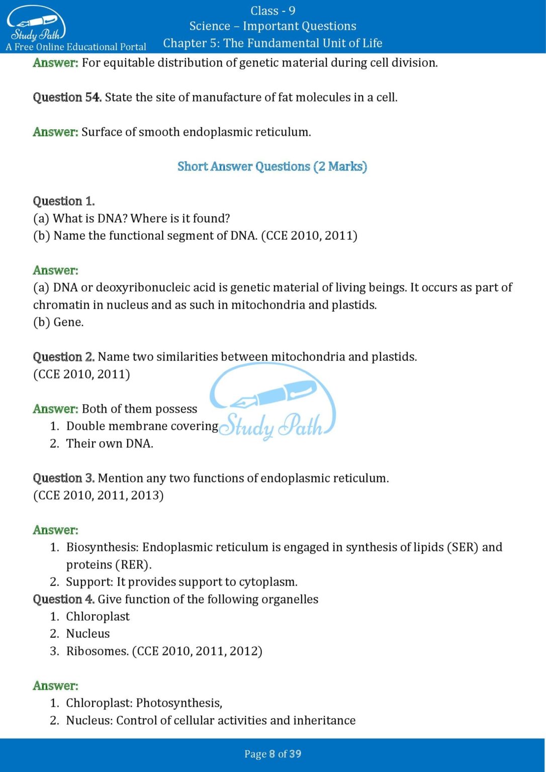 Important Questions for Class 9 Science Chapter 5 The Fundamental Unit ...
