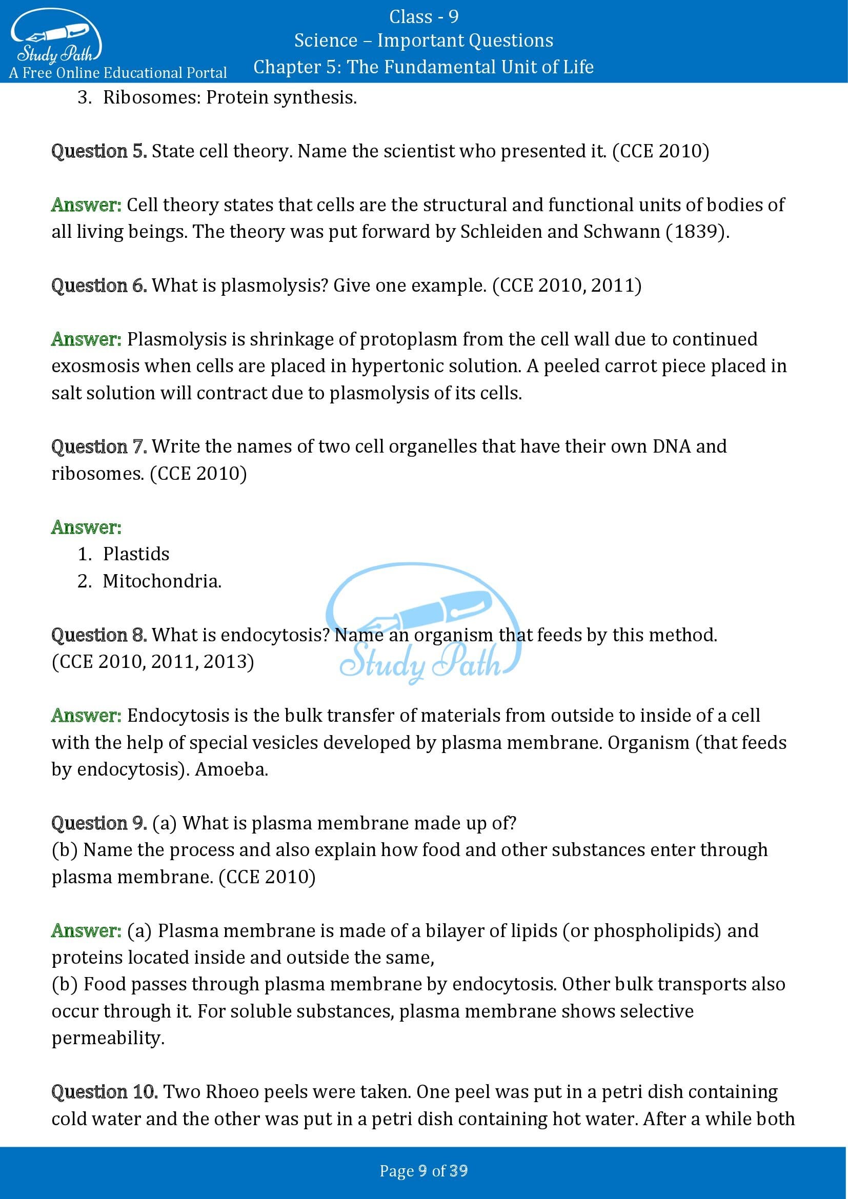 Important Questions for Class 9 Science Chapter 5 The Fundamental Unit of Life 00009