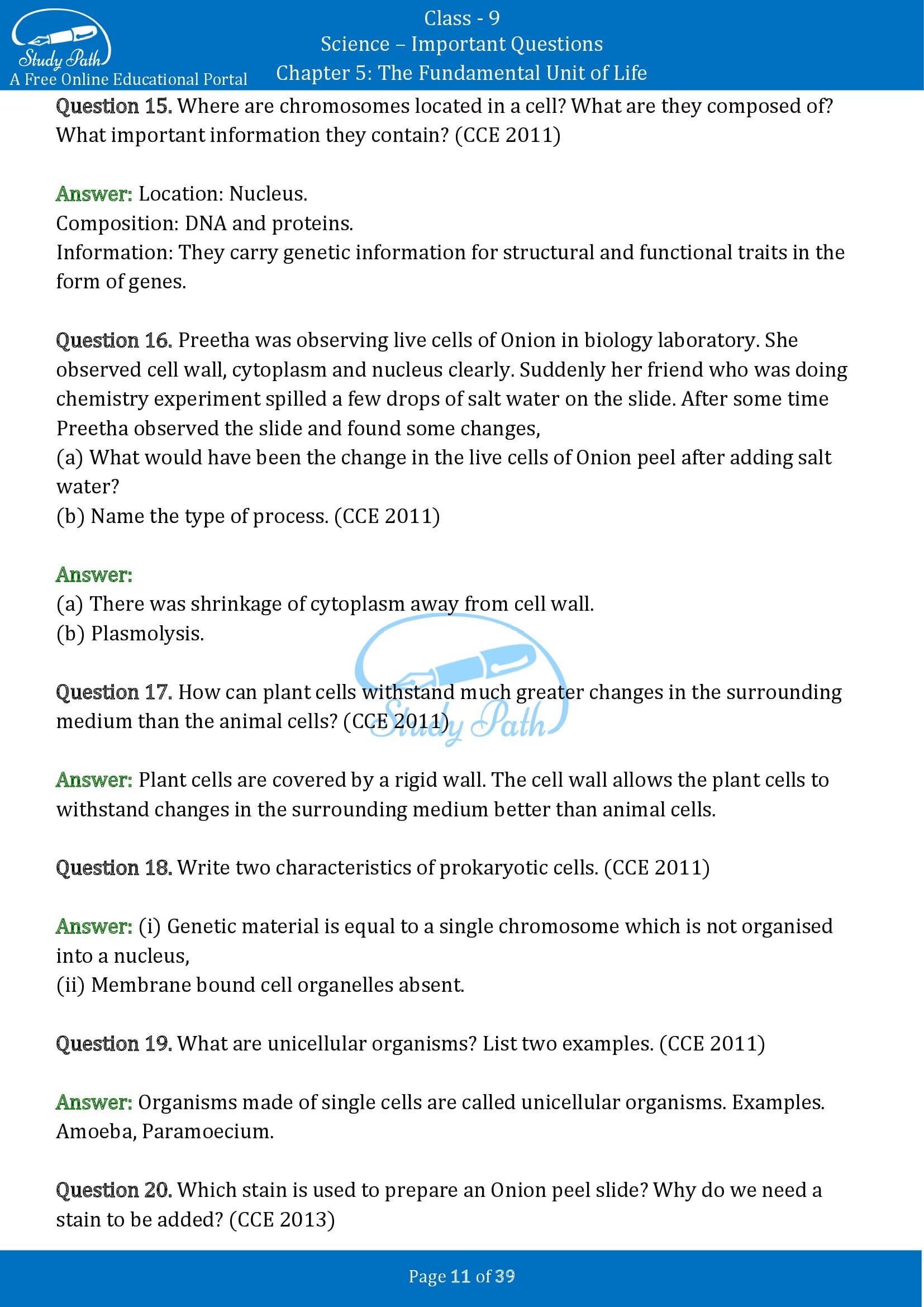 Important Questions for Class 9 Science Chapter 5 The Fundamental Unit of Life 00011