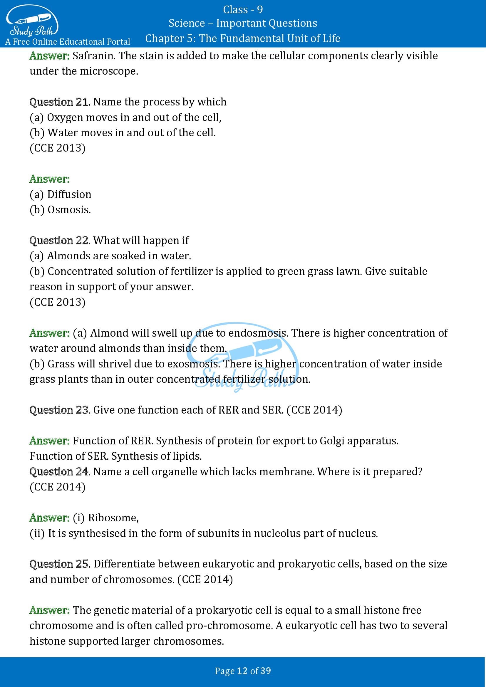 Important Questions for Class 9 Science Chapter 5 The Fundamental Unit of Life 00012