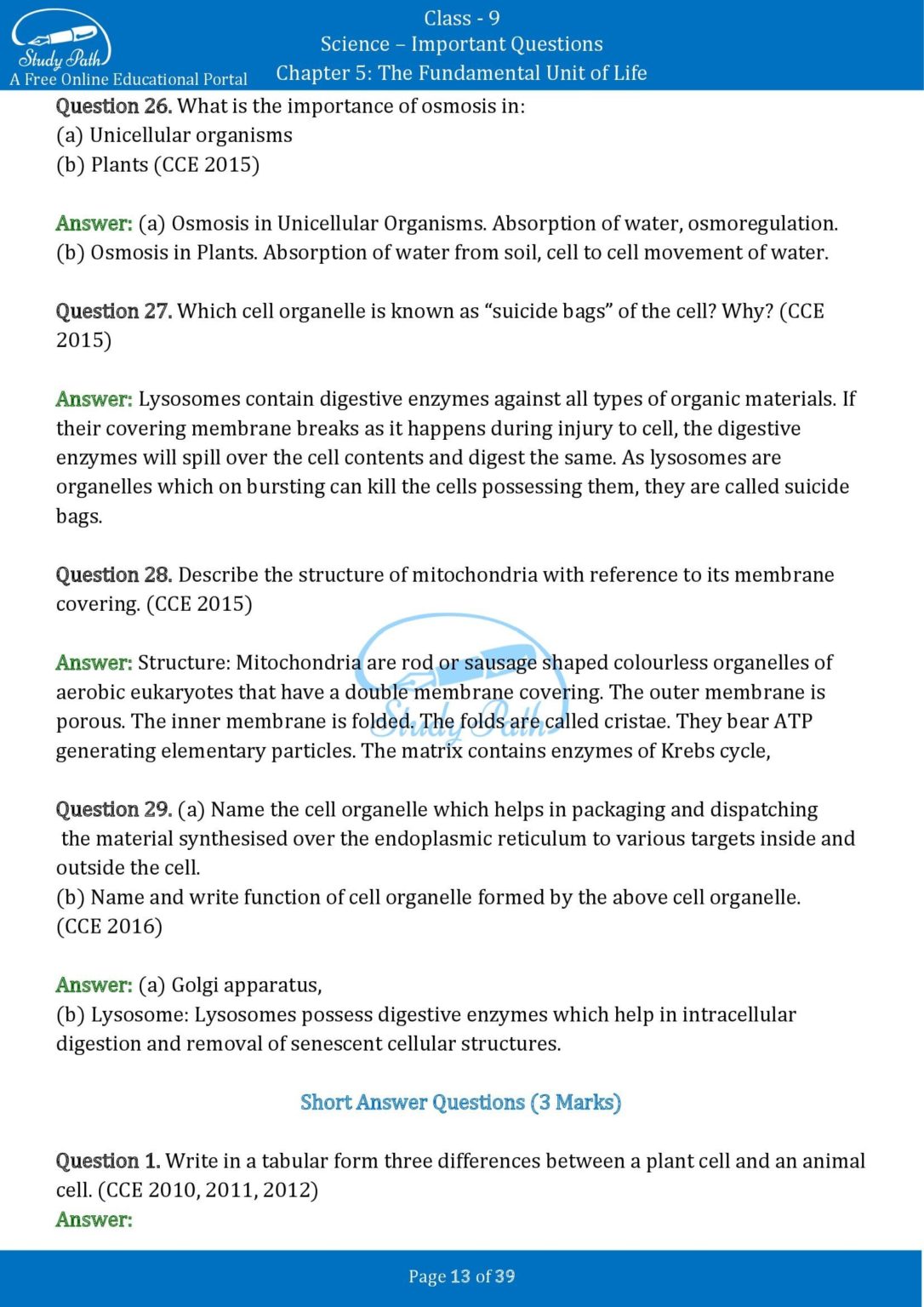 Important Questions For Class 9 Science Chapter 5 The Fundamental Unit Important Questions For Class 9 Science Chapter 5 The Fundamental Unit