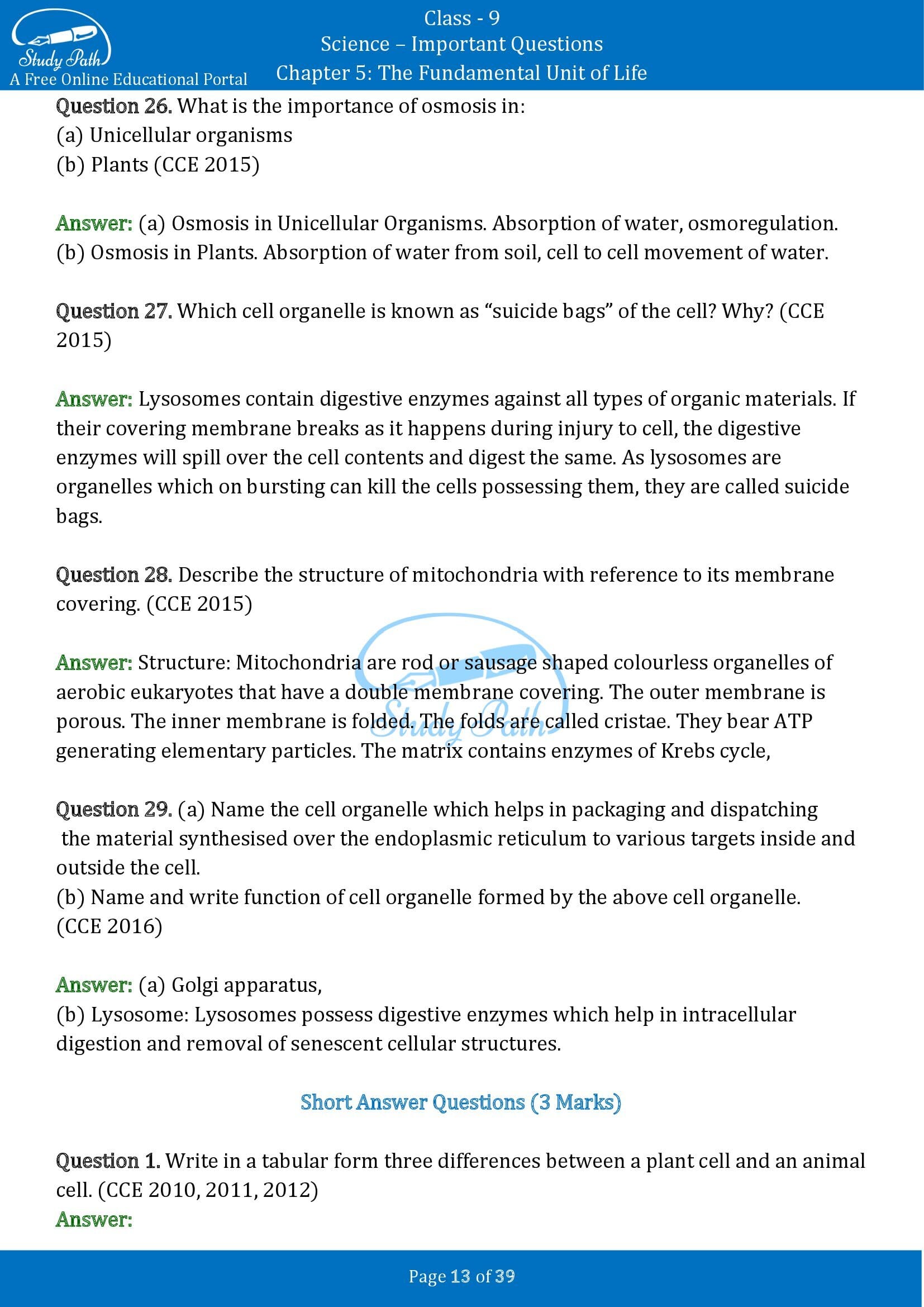 Important Questions for Class 9 Science Chapter 5 The Fundamental Unit of Life 00013