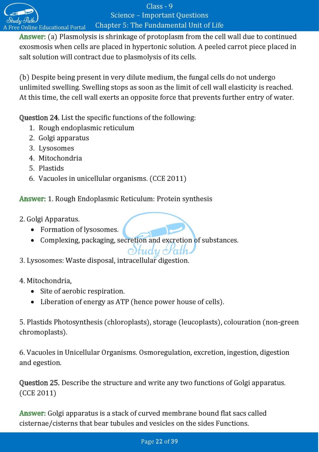 Important Questions for Class 9 Science Chapter 5 The Fundamental Unit ...