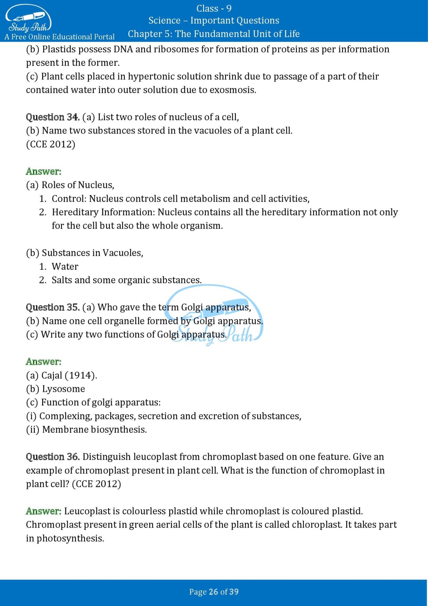 Important Questions for Class 9 Science Chapter 5 The Fundamental Unit ...