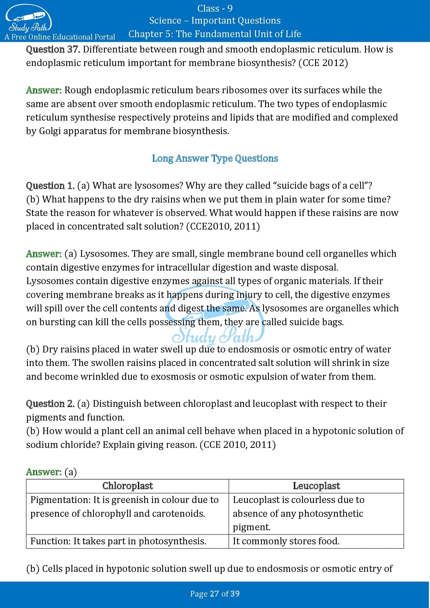 Important Questions for Class 9 Science Chapter 5 The Fundamental Unit of Life 00027