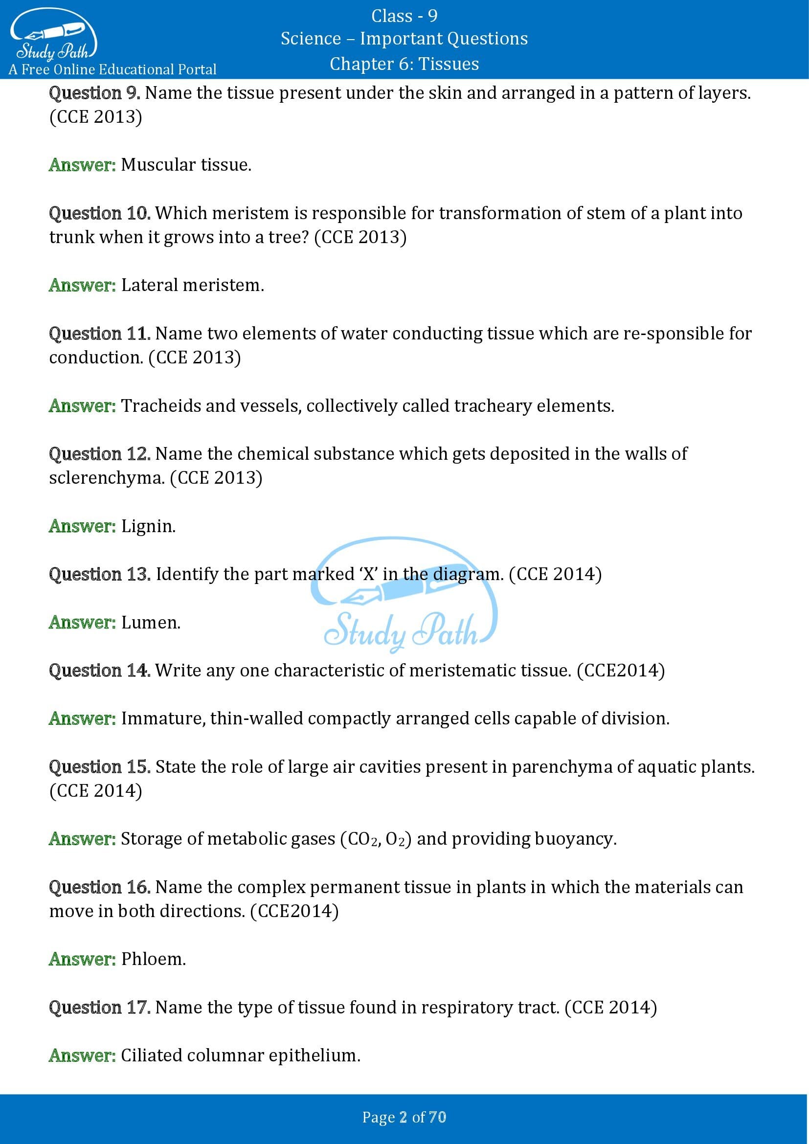 Important Questions for Class 9 Science Chapter 6 Tissues 00002