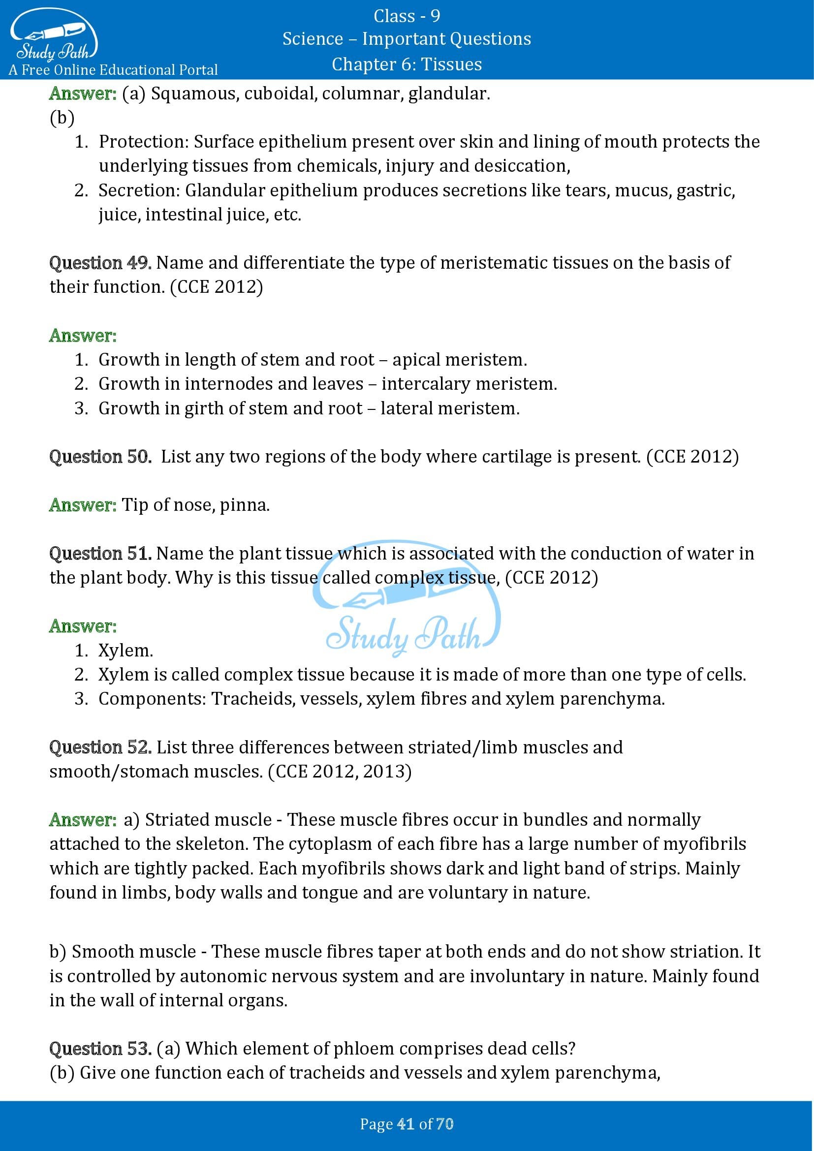 Important Questions for Class 9 Science Chapter 6 Tissues 00041