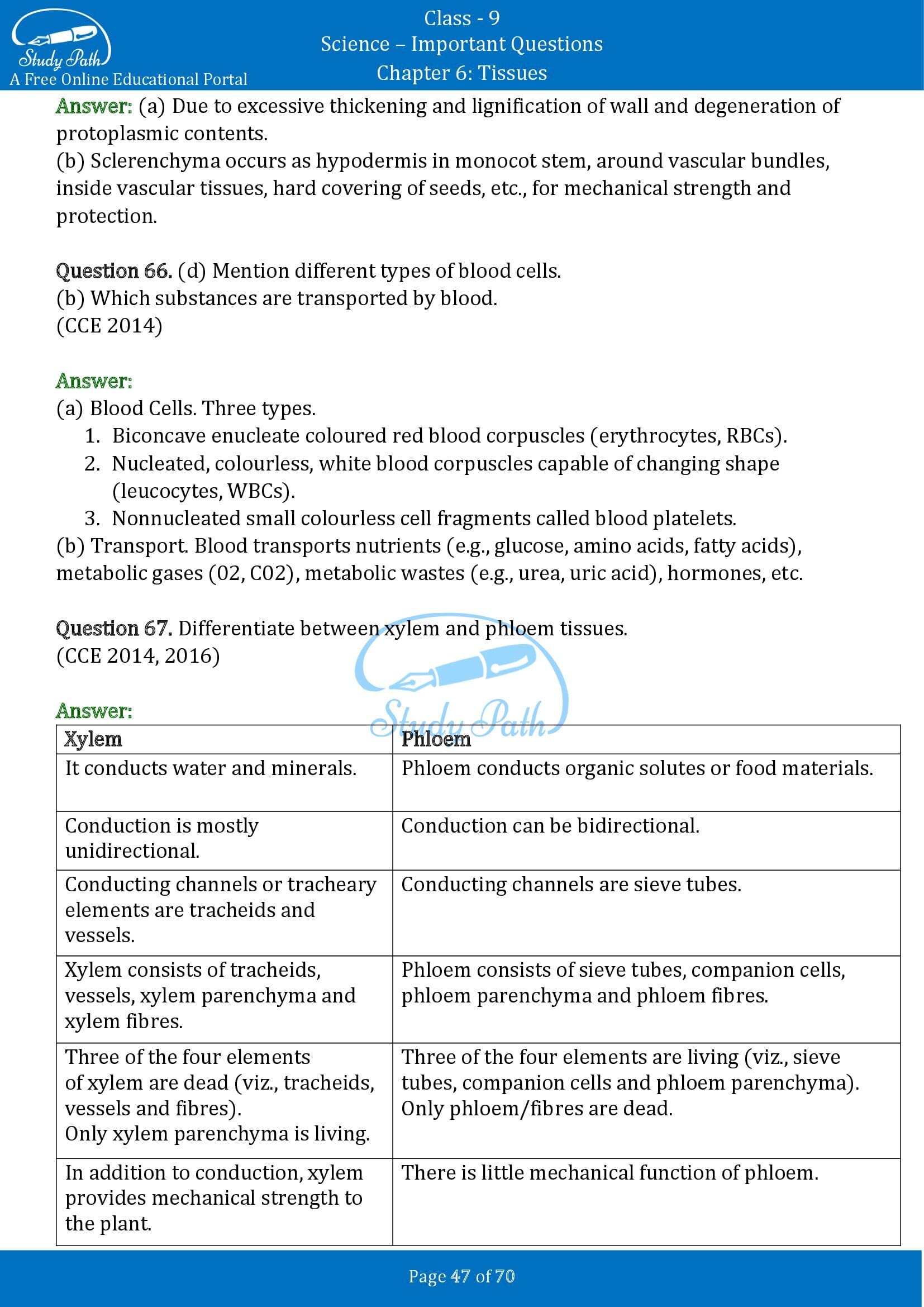 Important Questions for Class 9 Science Chapter 6 Tissues 00047